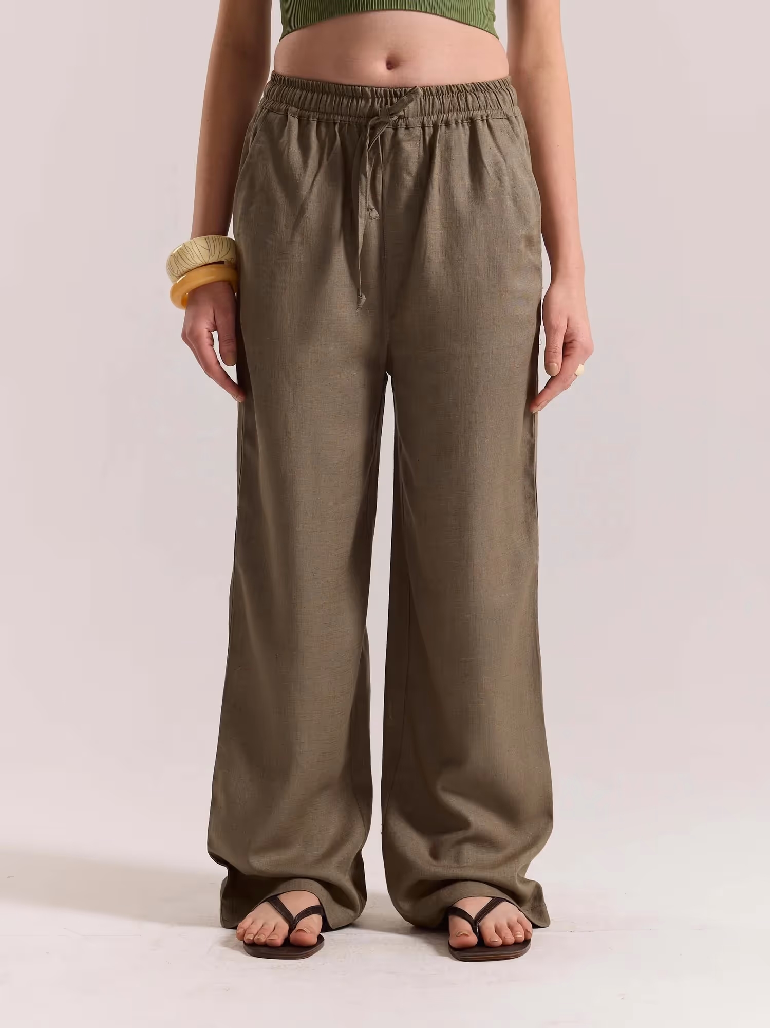 Khaki Green Linen Pull-on Pants  image 4