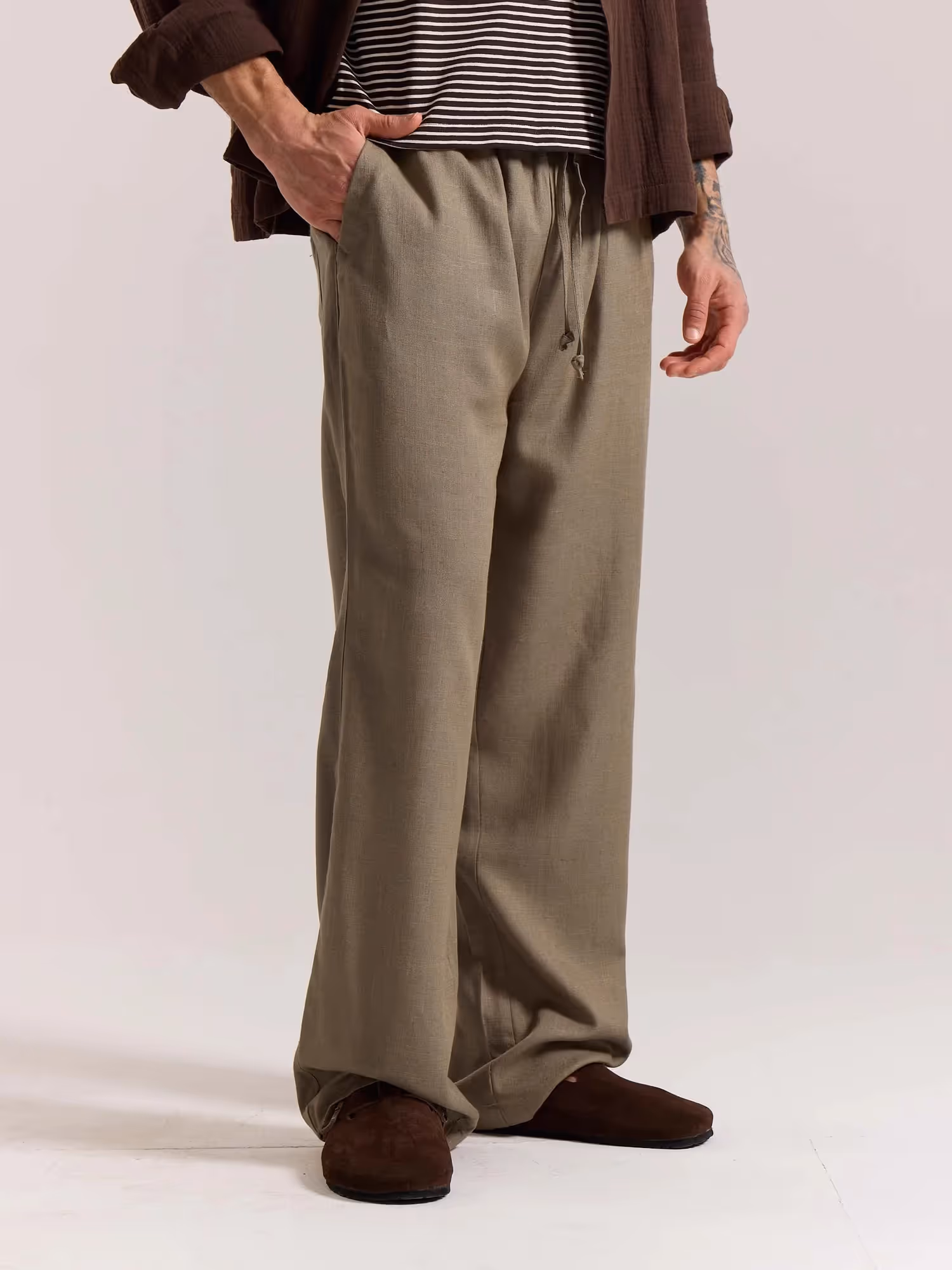 Khaki Green Linen Pull-on Pants  image 5