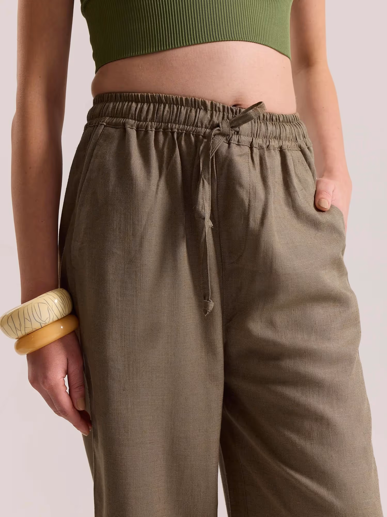 Khaki Green Linen Pull-on Pants  image 6