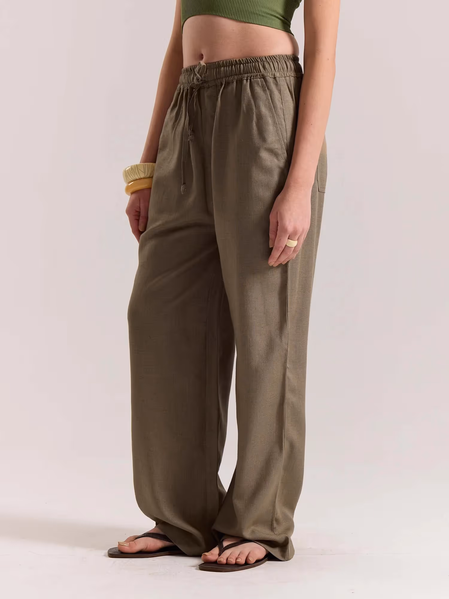 Khaki Green Linen Pull-on Pants  image 7