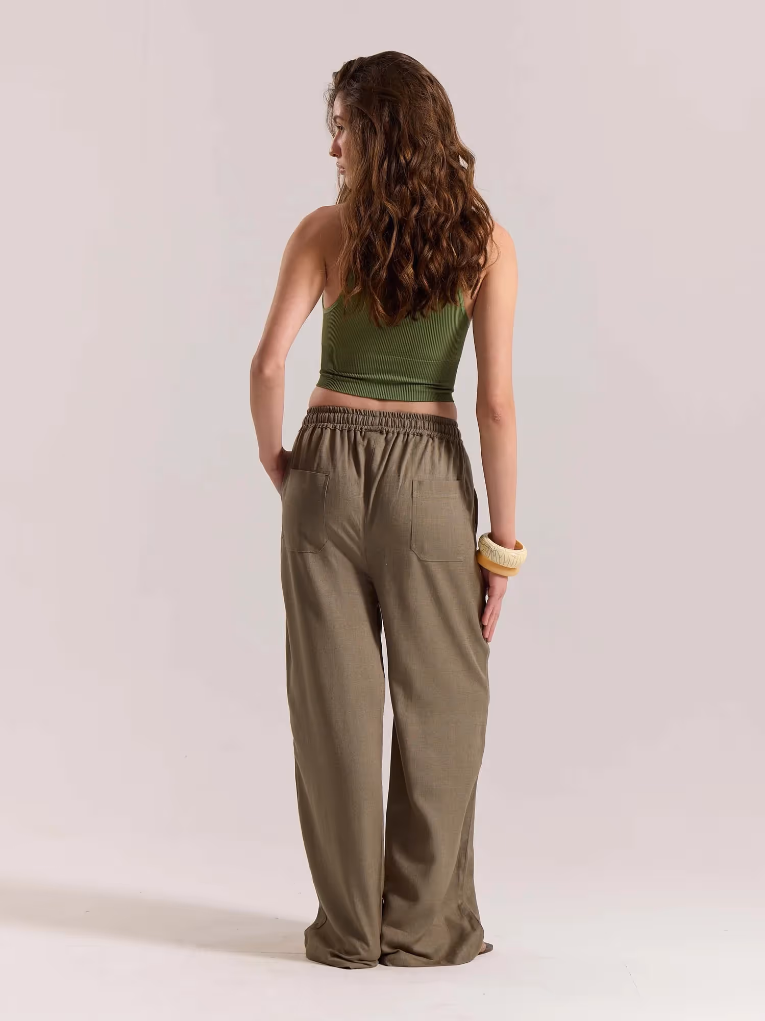 Khaki Green Linen Pull-on Pants  image 8