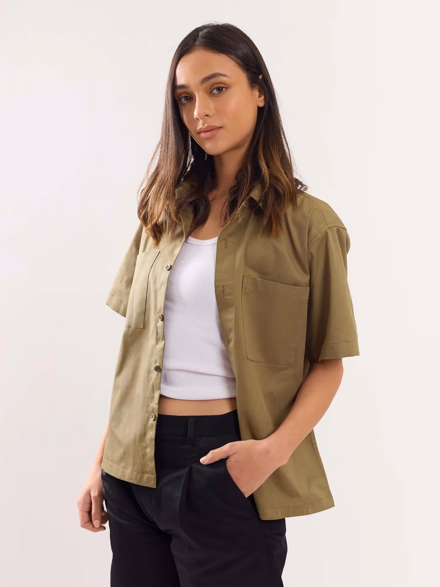 Khaki Twill Cropped Shirt image 7