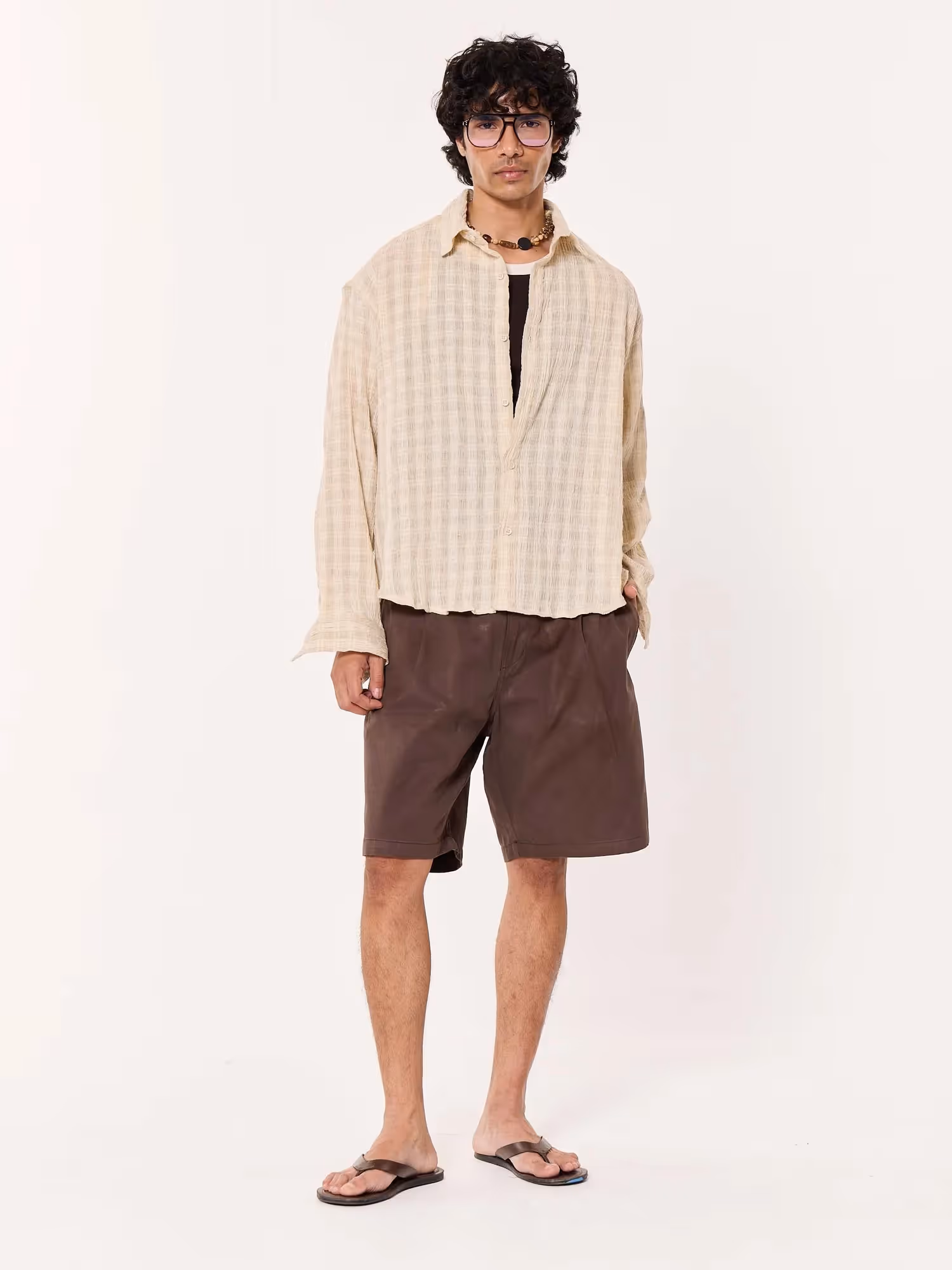 Light Beige Crinkled Checkered Cropped Shirt image 1