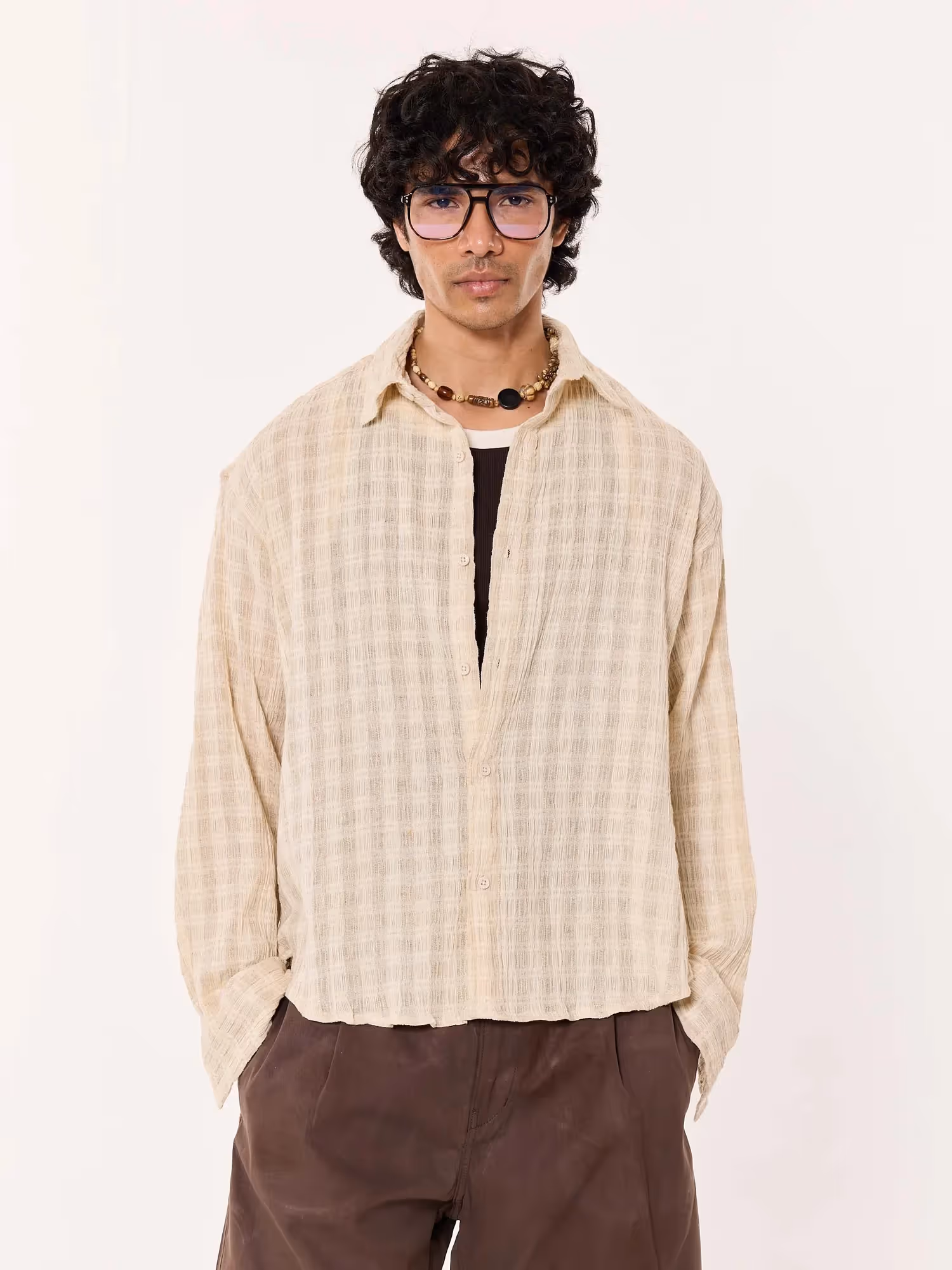 Light Beige Crinkled Checkered Cropped Shirt  image 3