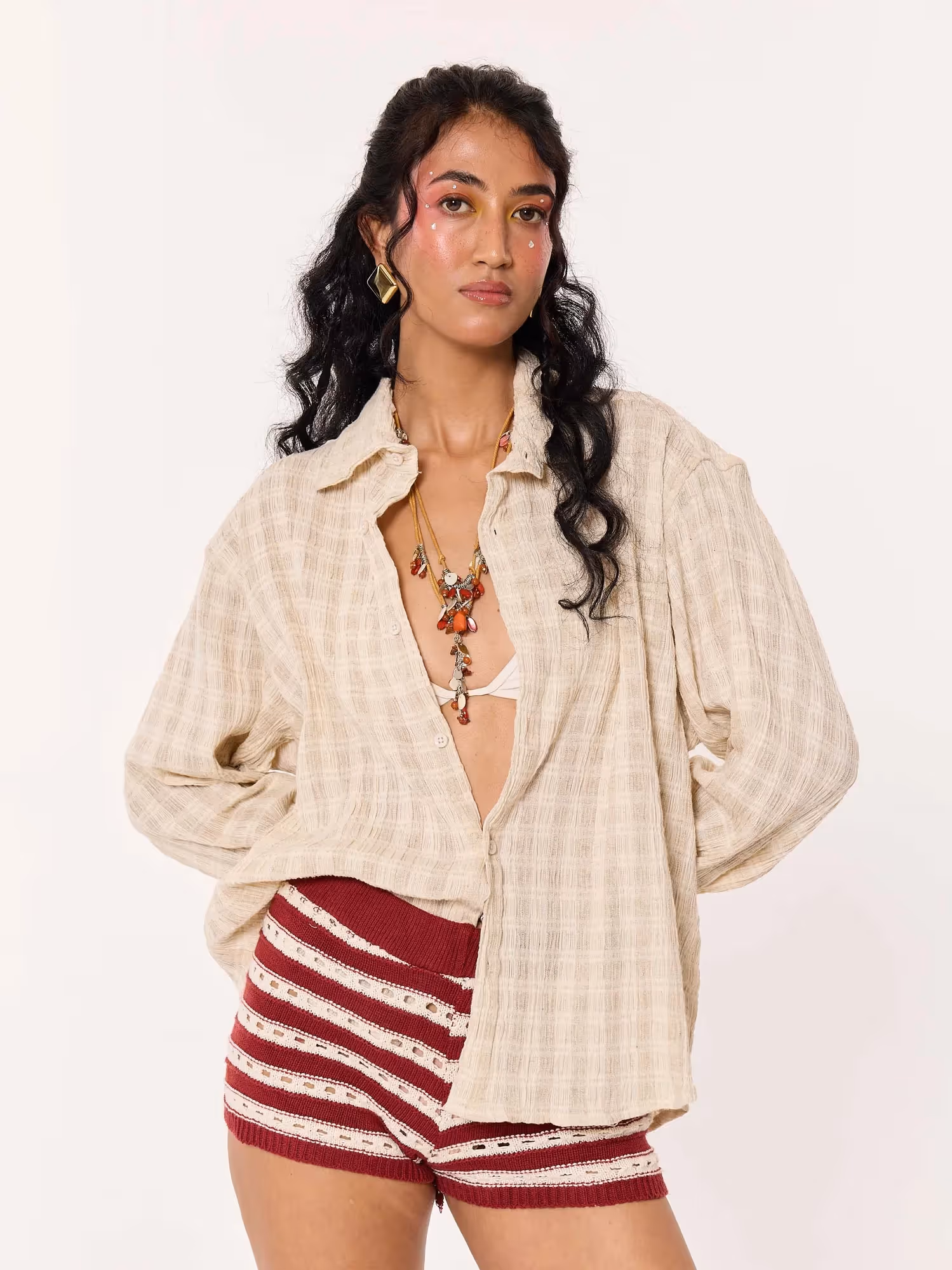 Light Beige Crinkled Checkered Cropped Shirt  image 4