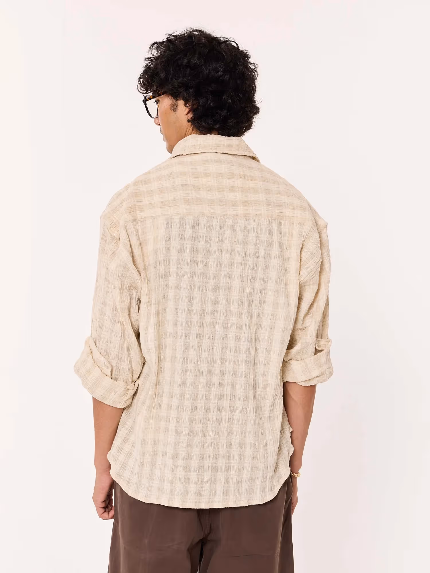 Light Beige Crinkled Checkered Cropped Shirt  image 5