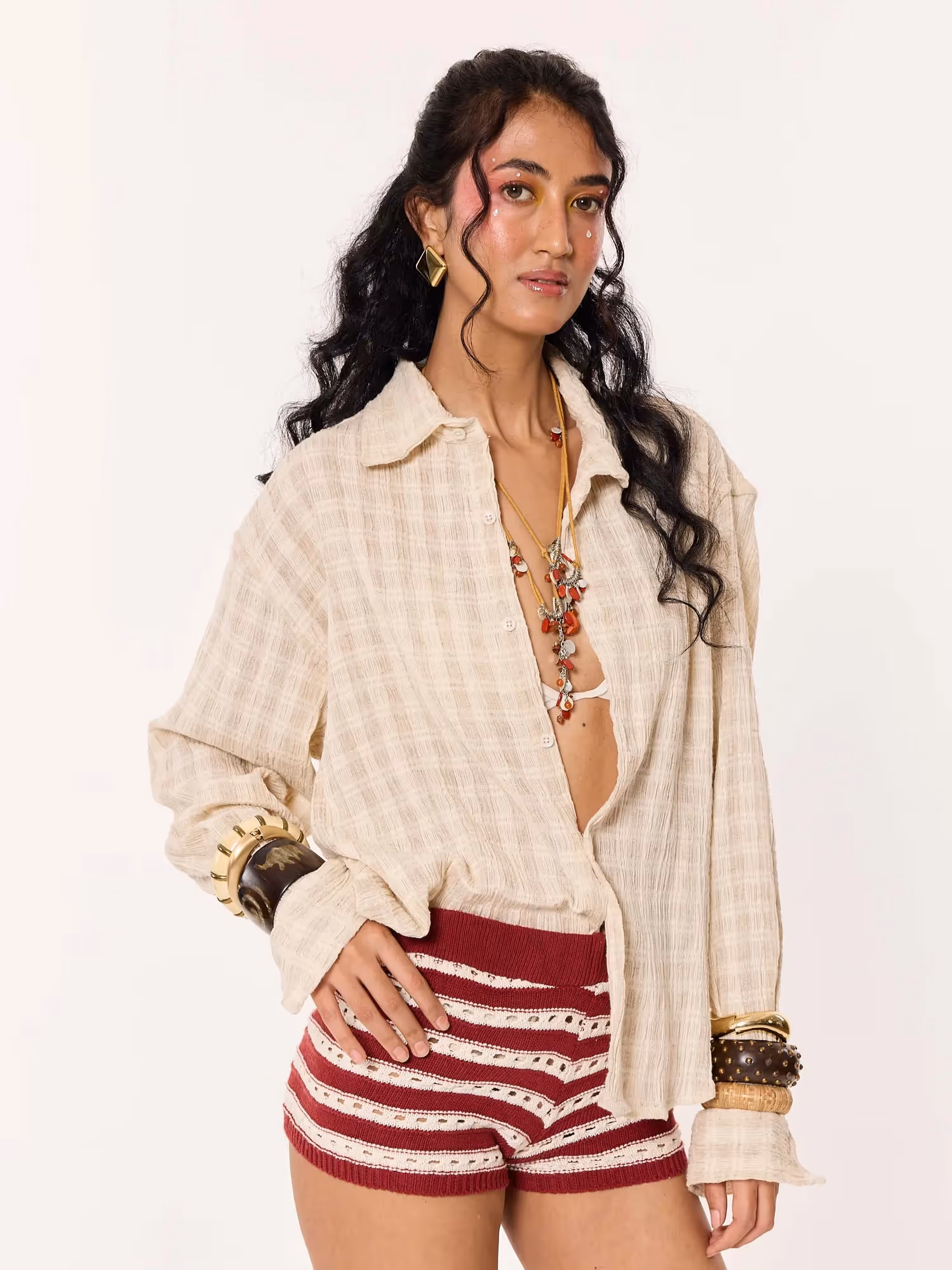 Light Beige Crinkled Checkered Cropped Shirt  image 6