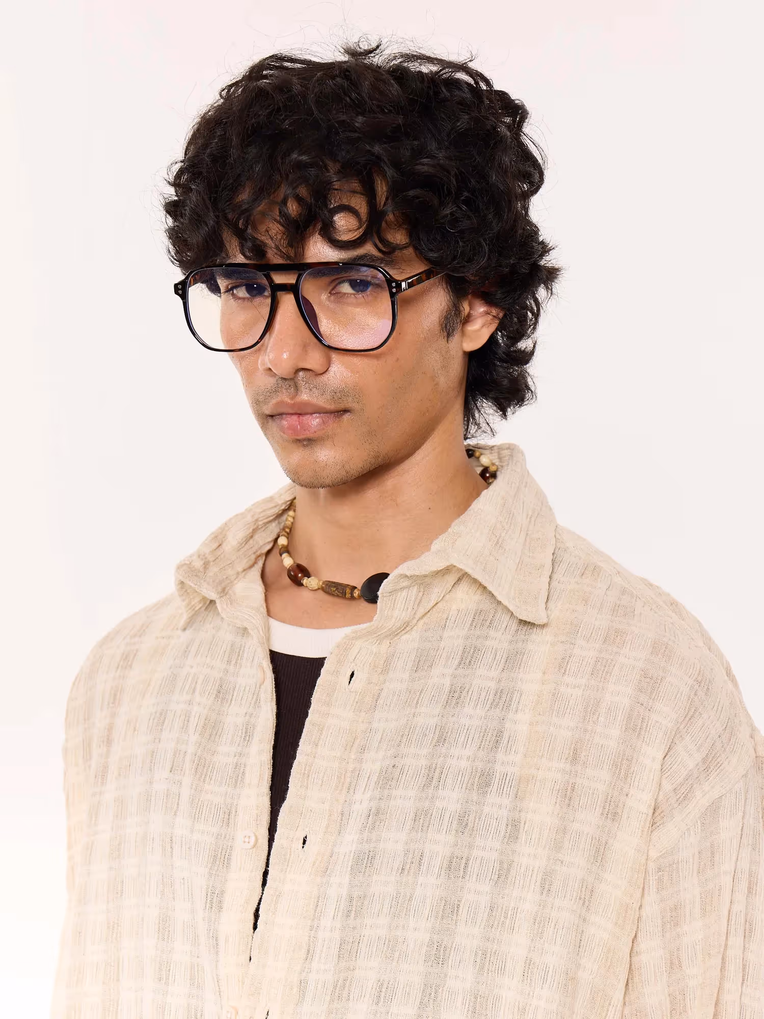 Light Beige Crinkled Checkered Cropped Shirt  image 7