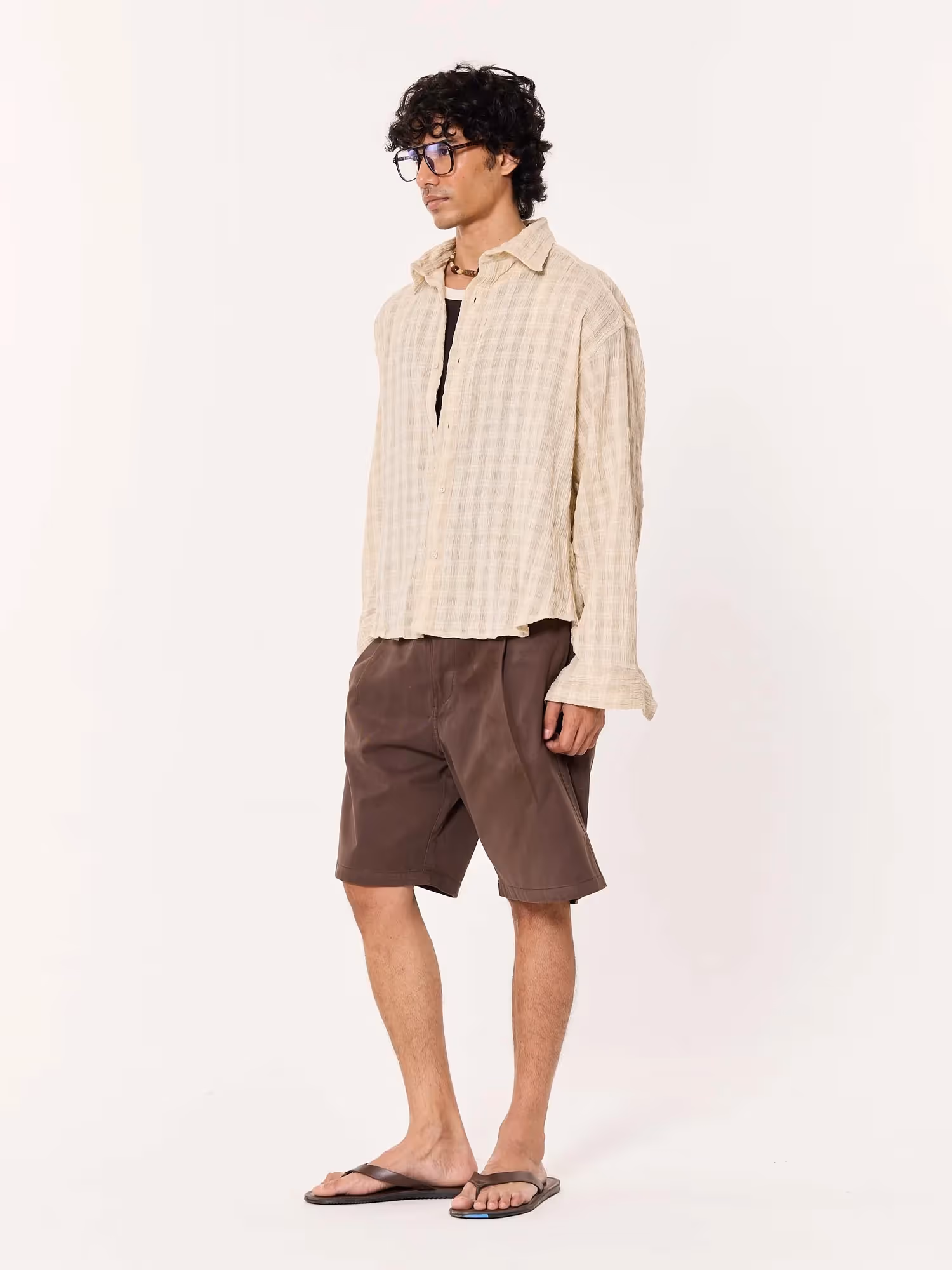 Light Beige Crinkled Checkered Cropped Shirt  image 8