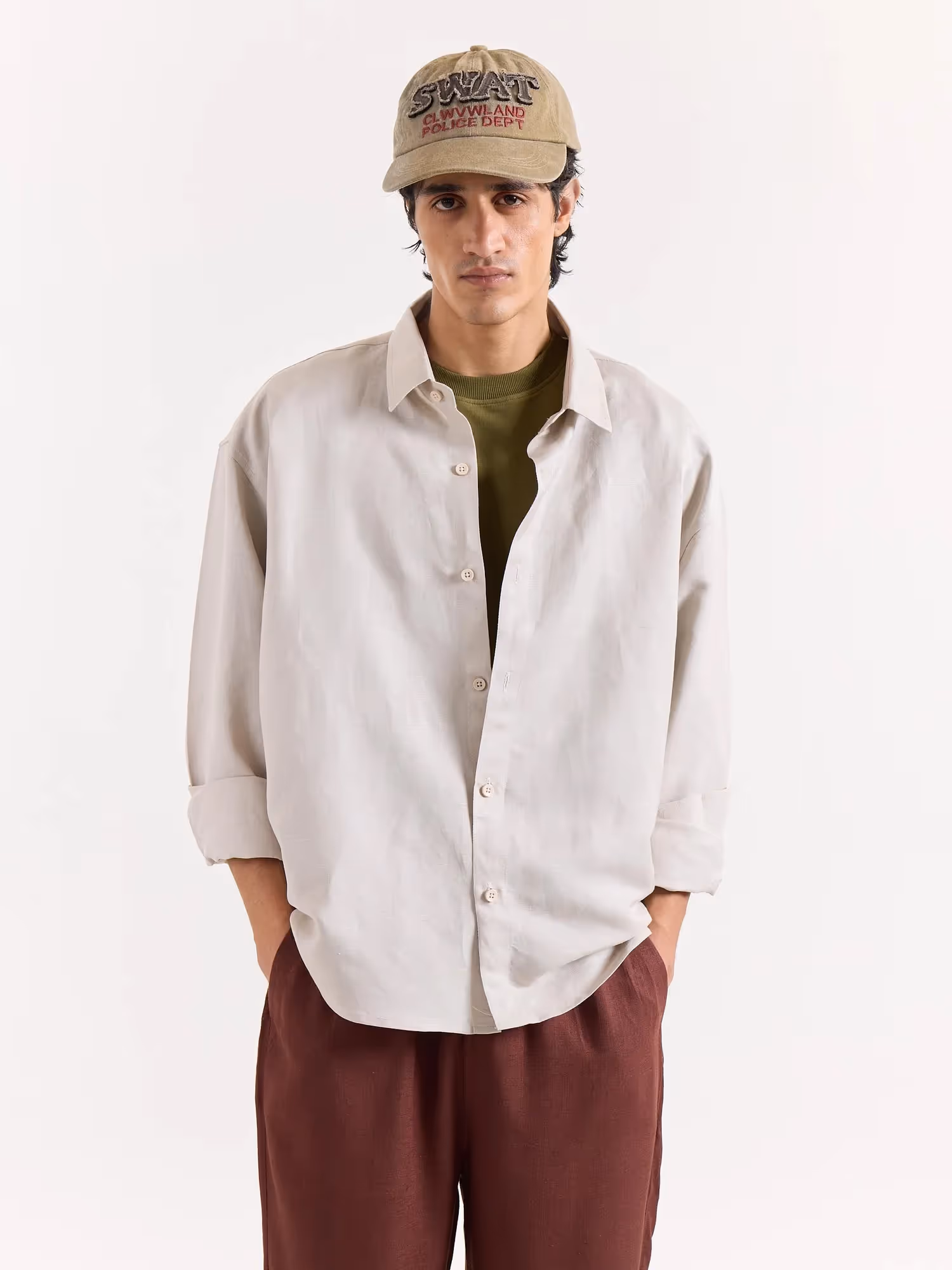 Light Beige Linen Cropped Shirt image 2