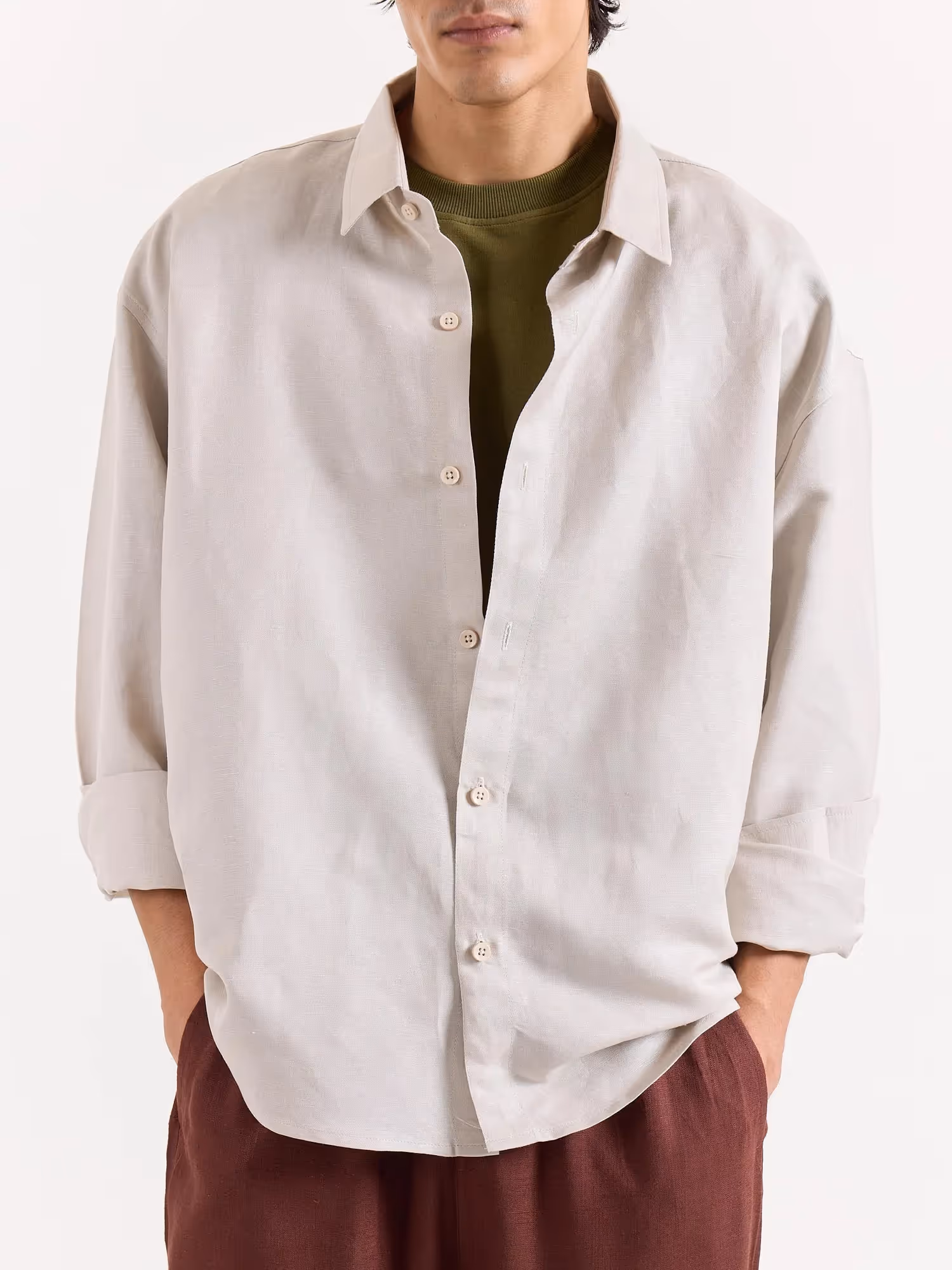 Light Beige Linen Cropped Shirt image 5