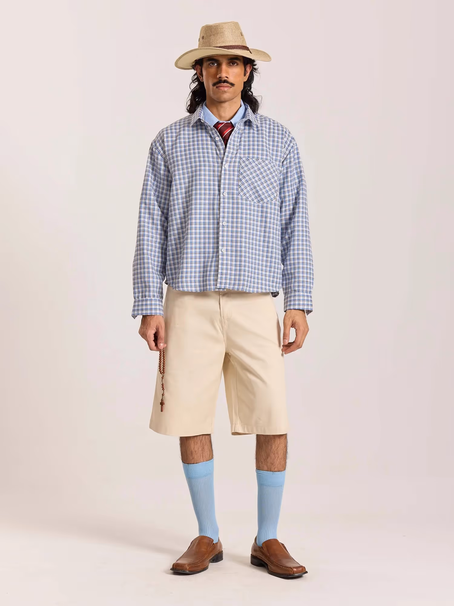 Light Blue & White Checkered Oversized Cropped Shirt image 1
