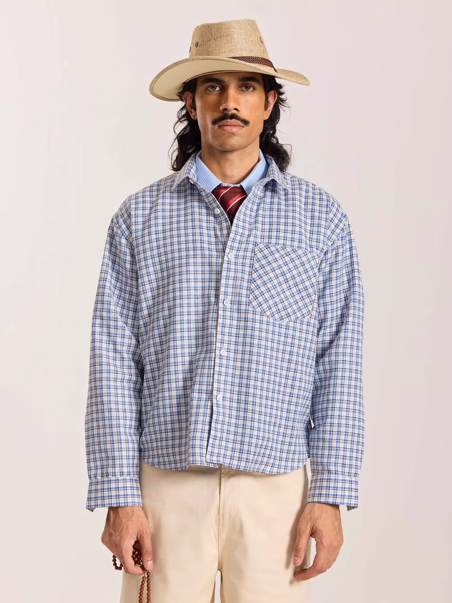 Light Blue & White Checkered Oversized Cropped Shirt image 3