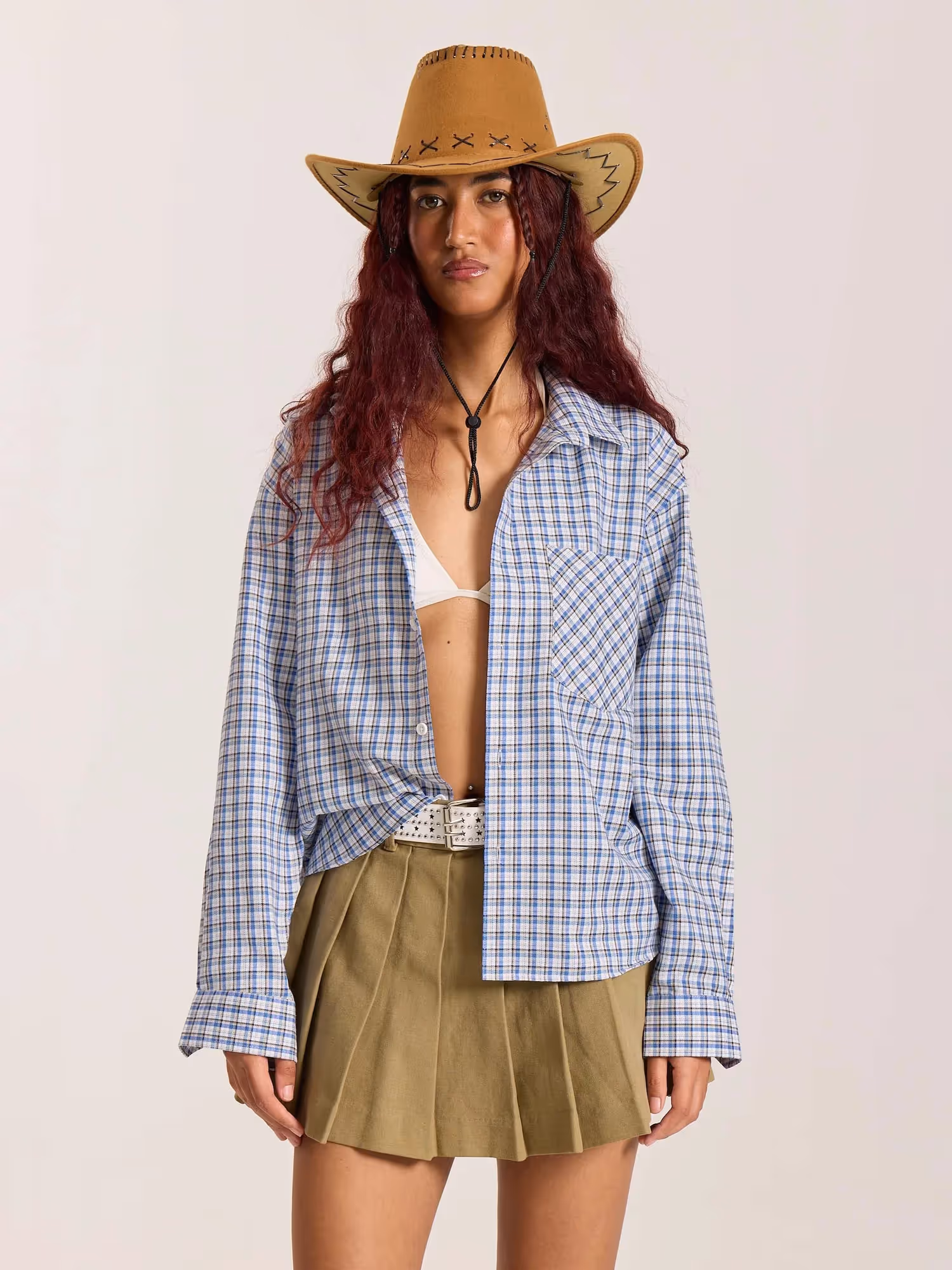 Light Blue & White Checkered Oversized Cropped Shirt image 4