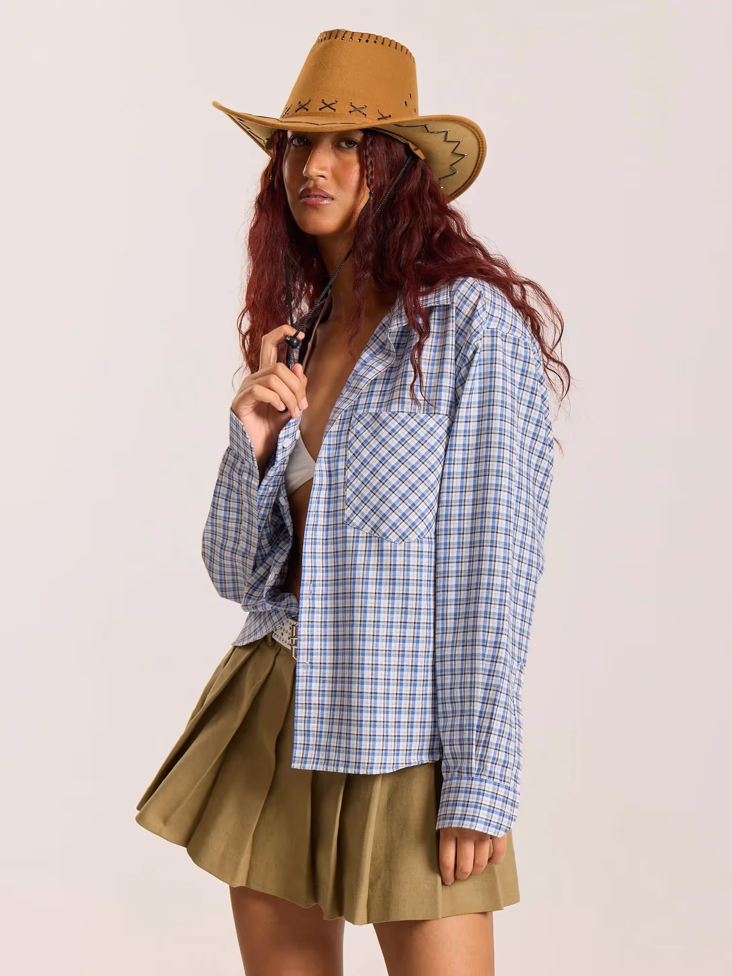Light Blue & White Checkered Oversized Cropped Shirt image 6