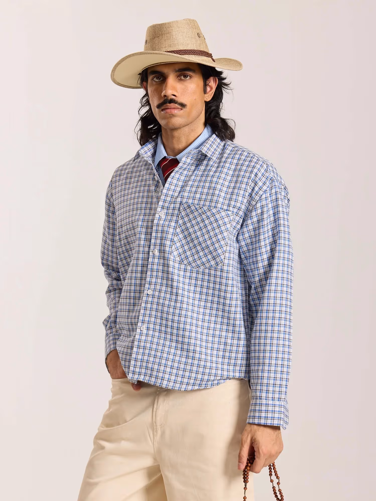 Light Blue & White Checkered Oversized Cropped Shirt image 7