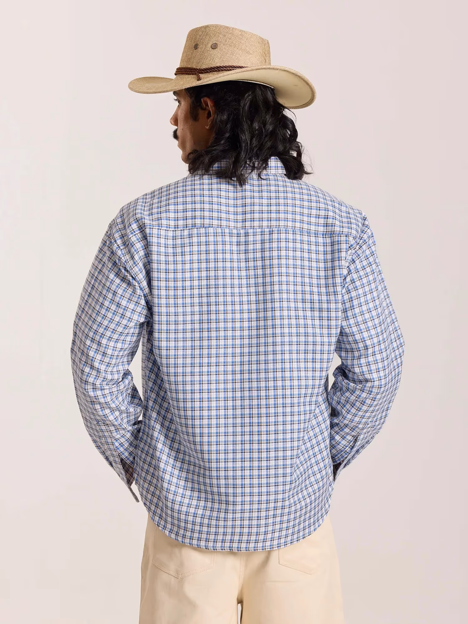 Light Blue & White Checkered Oversized Cropped Shirt image 8