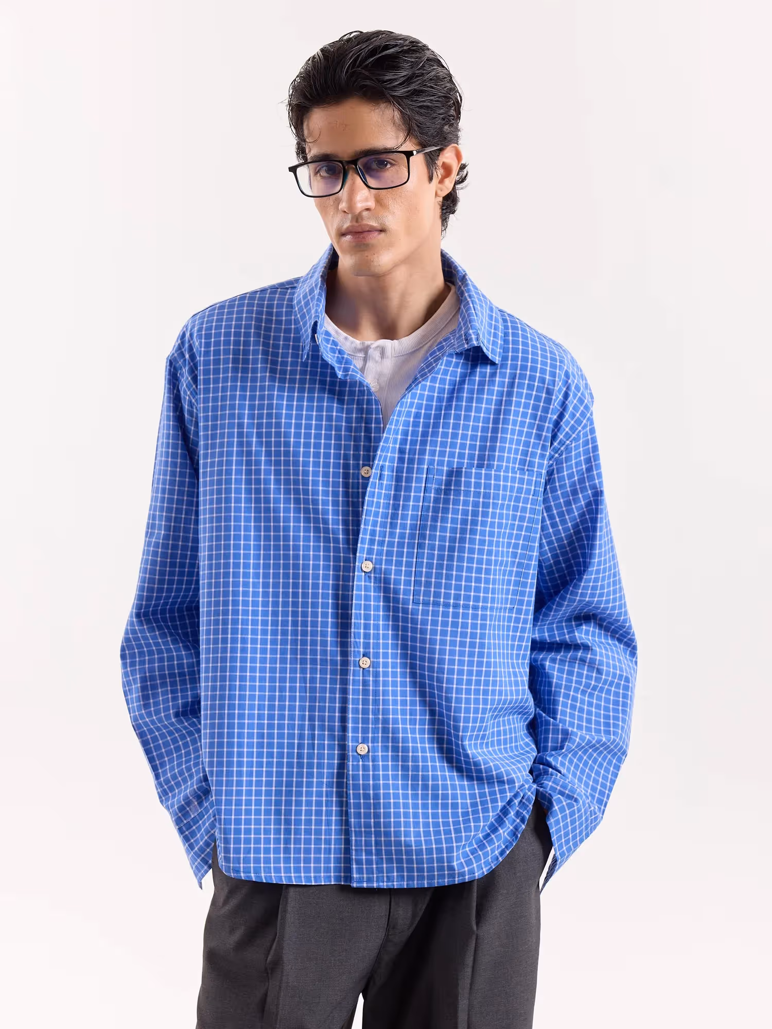 Light Blue Checkered Cropped Shirt image 3