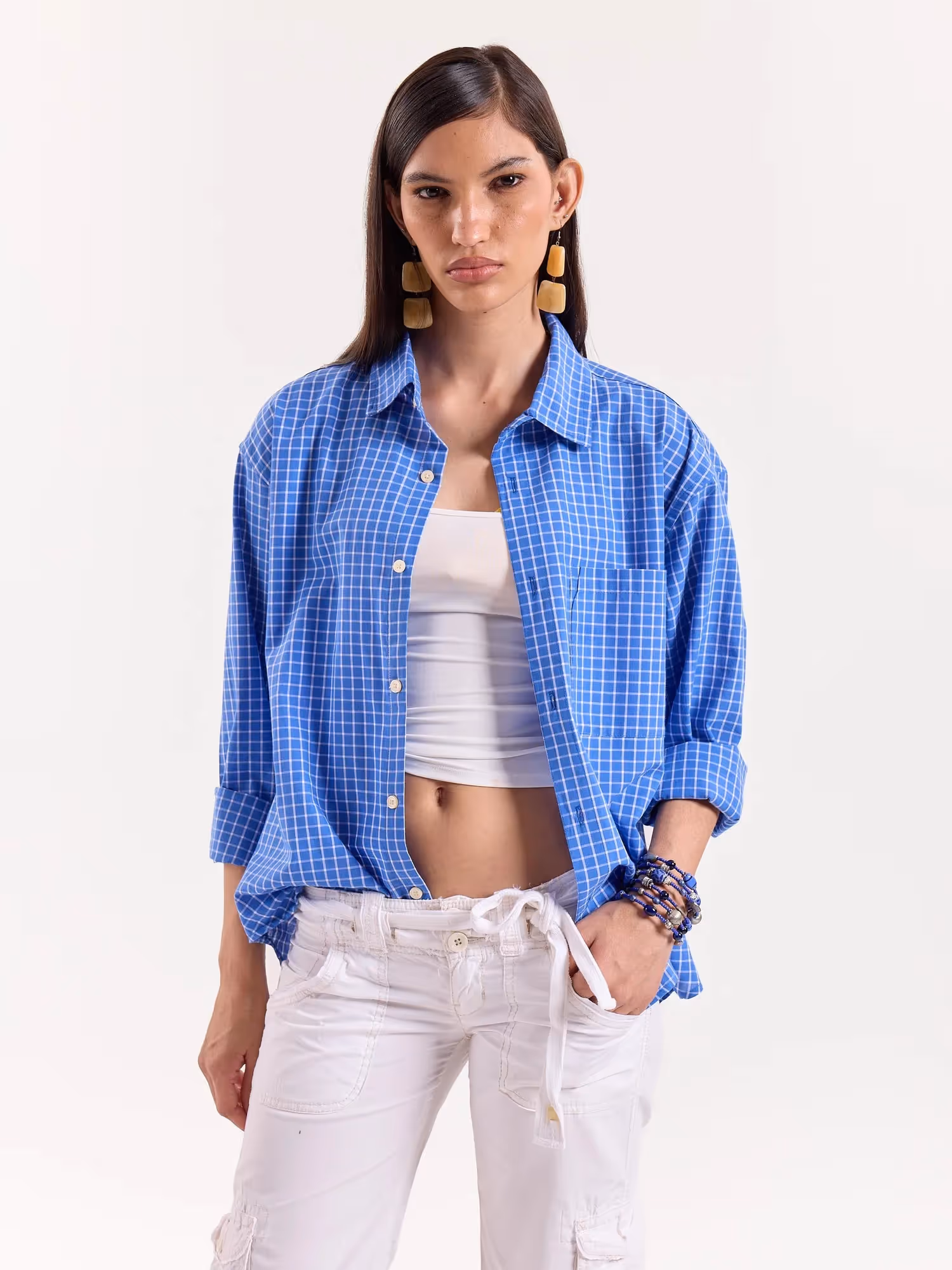 Light Blue Checkered Cropped Shirt image 4