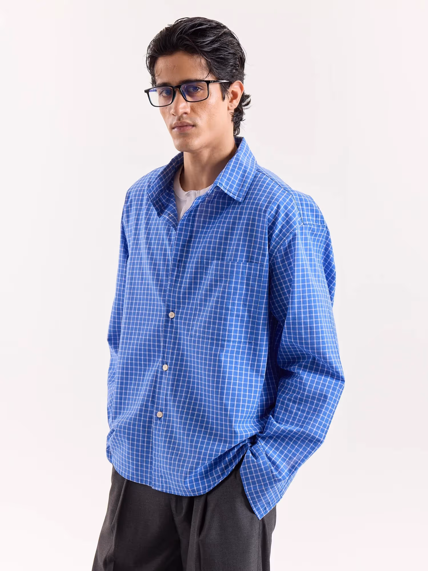 Light Blue Checkered Cropped Shirt image 5