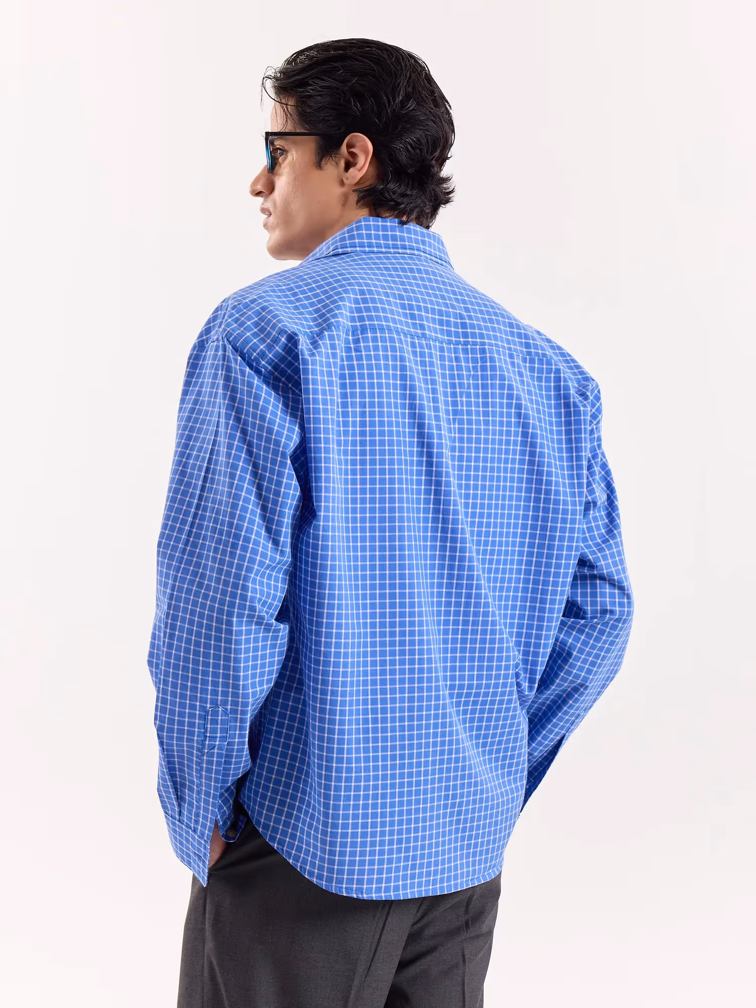 Light Blue Checkered Cropped Shirt image 7