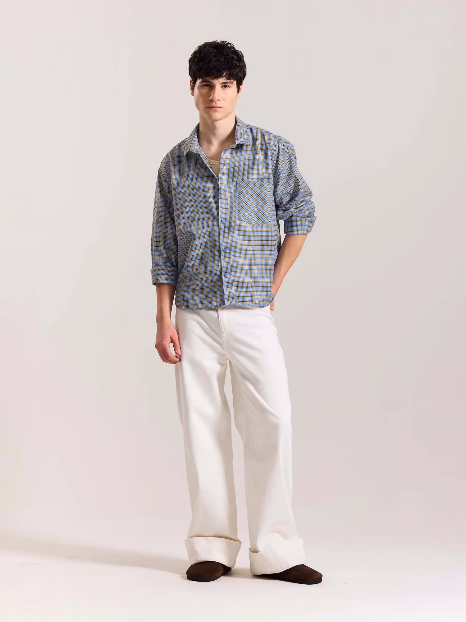 Light Blue Checkered Oversized Cropped Shirt image 1
