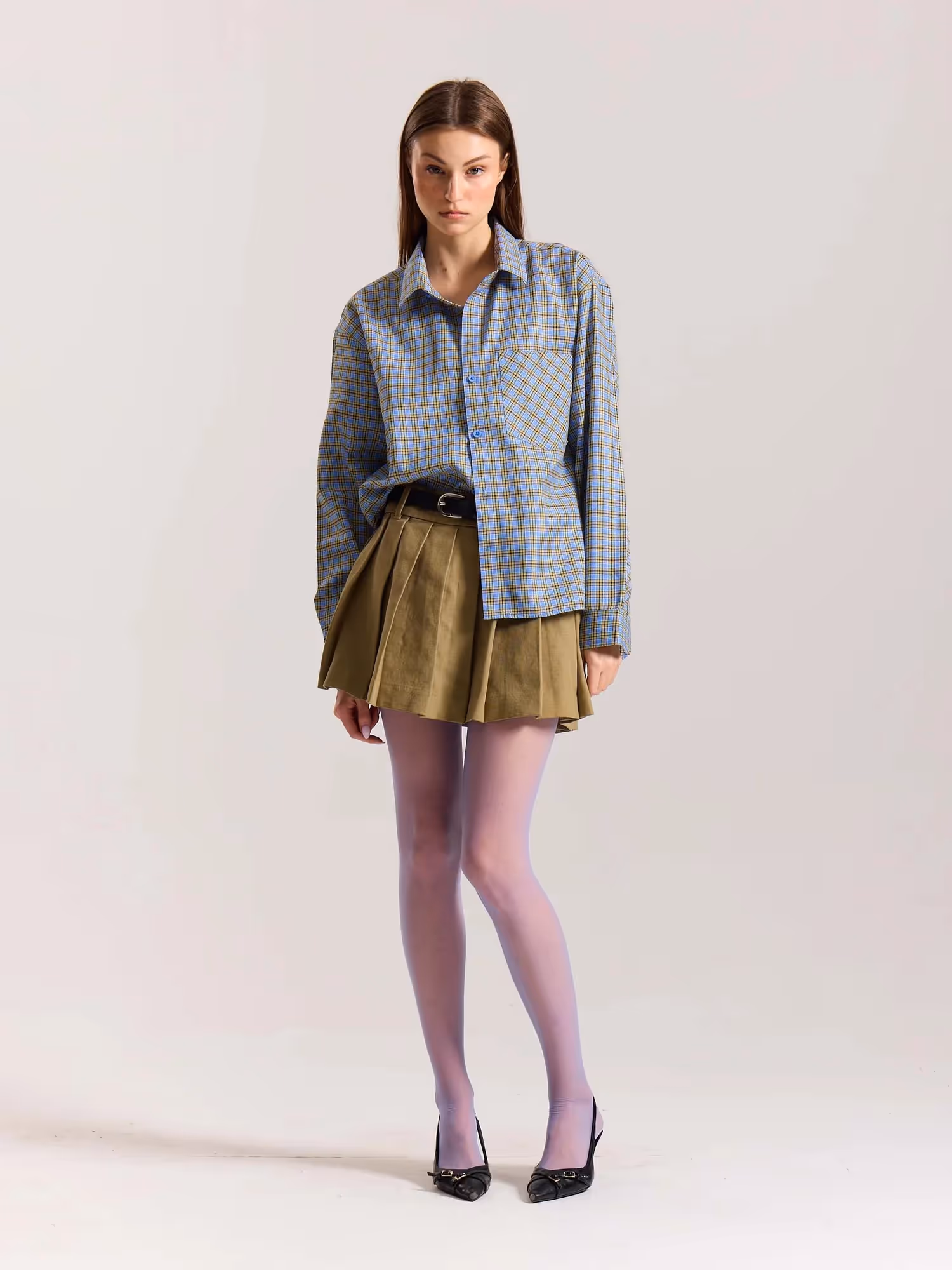 Light Blue Checkered Oversized Cropped Shirt image 2