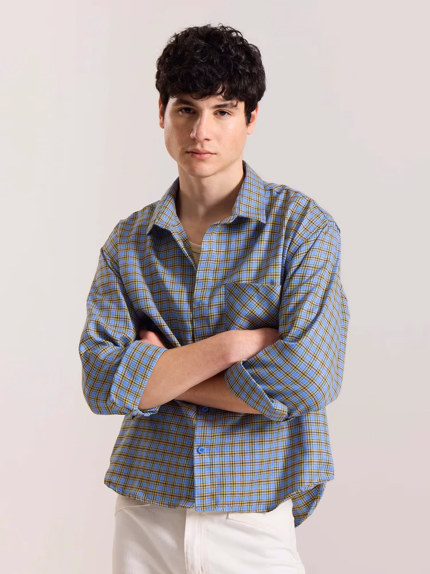 Light Blue Checkered Oversized Cropped Shirt image 3