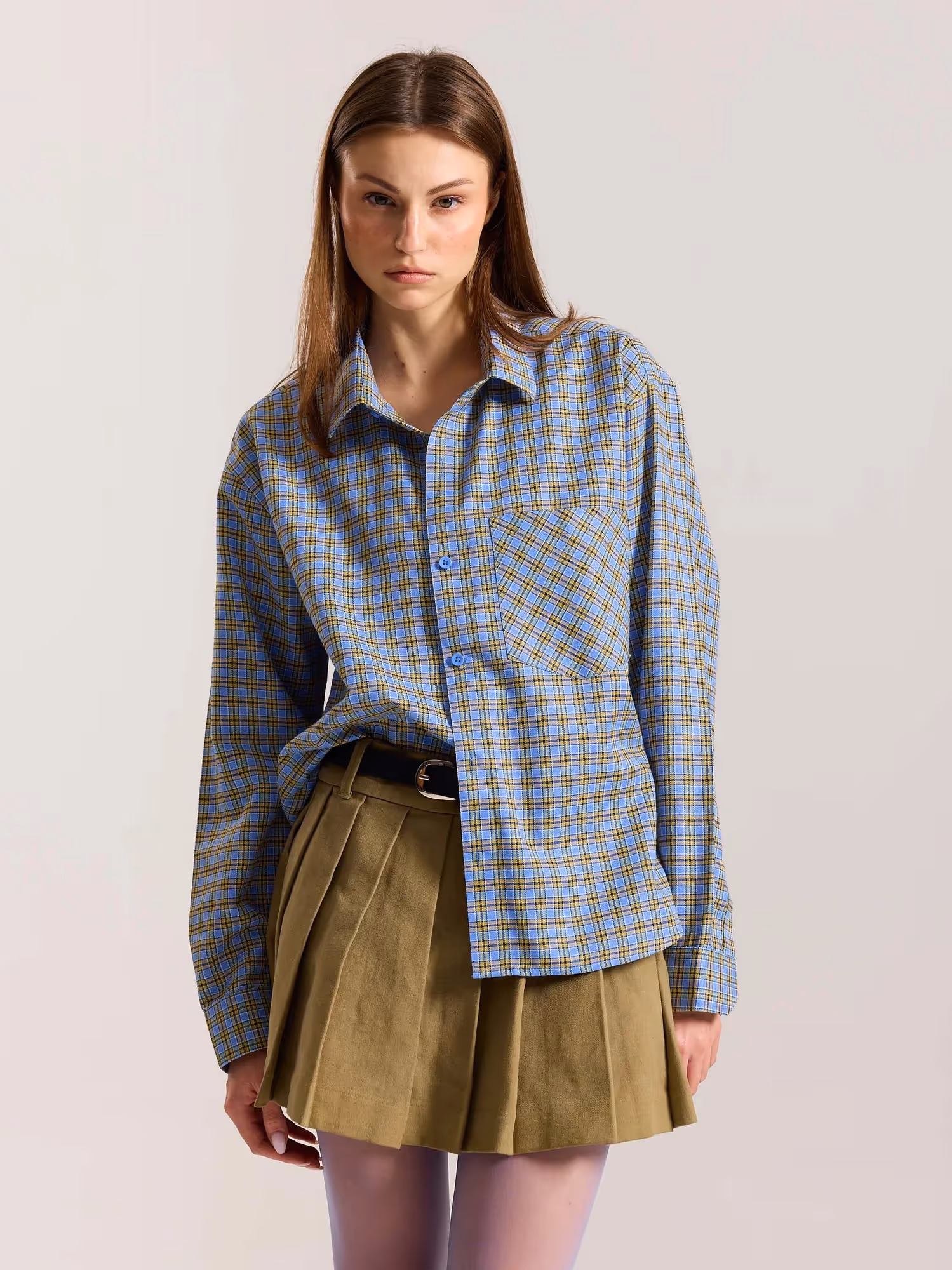 Light Blue Checkered Oversized Cropped Shirt image 4