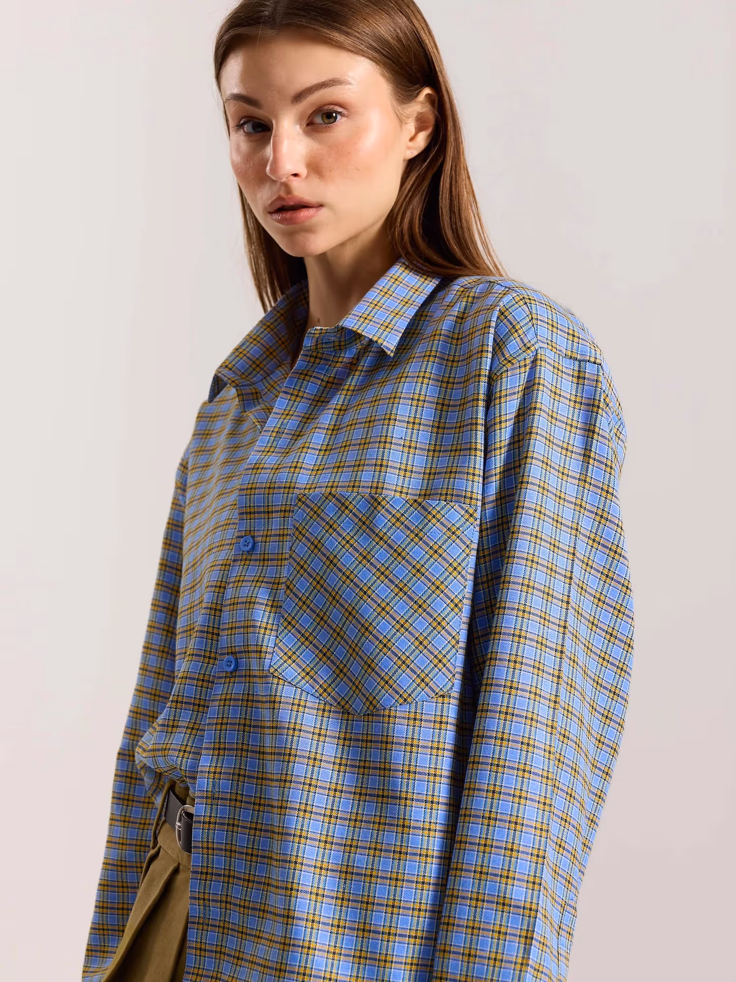 Light Blue Checkered Oversized Cropped Shirt image 5
