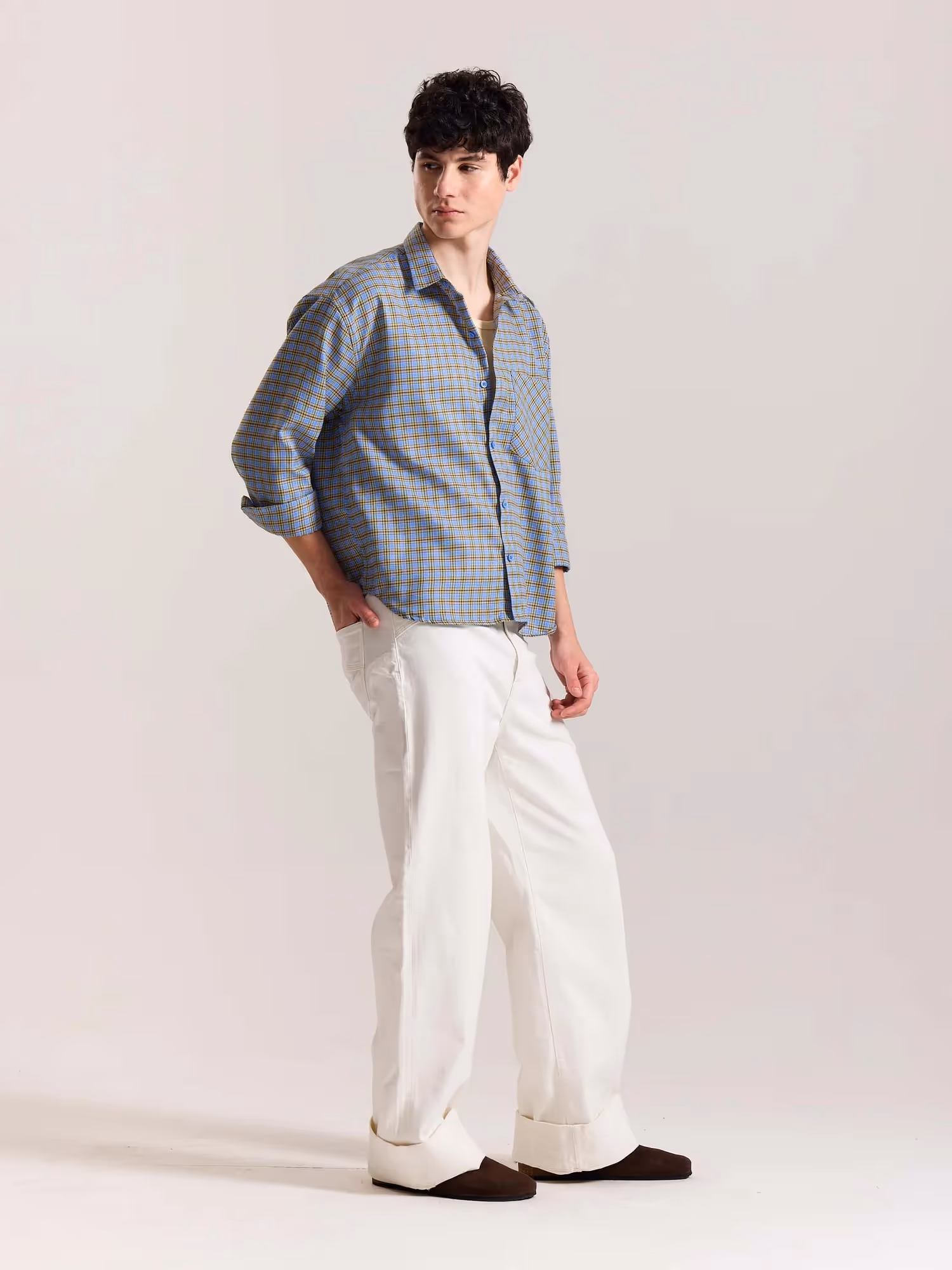 Light Blue Checkered Oversized Cropped Shirt image 6