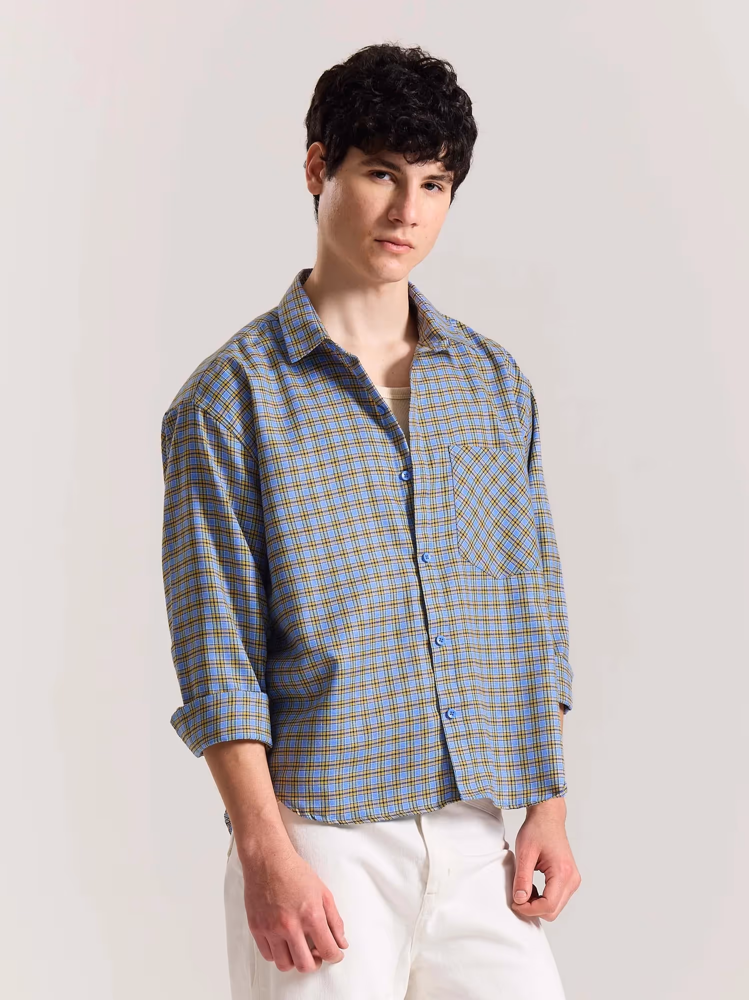 Light Blue Checkered Oversized Cropped Shirt image 7
