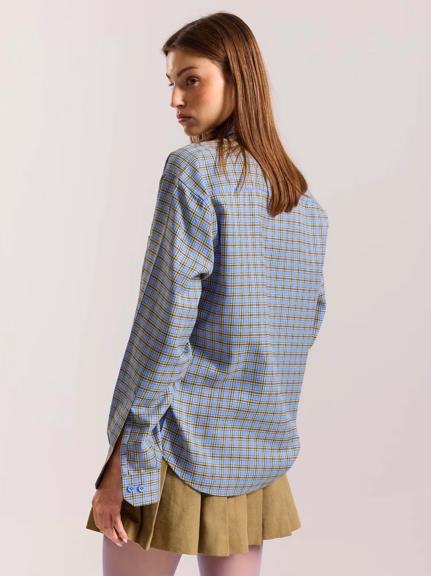 Light Blue Checkered Oversized Cropped Shirt image 8