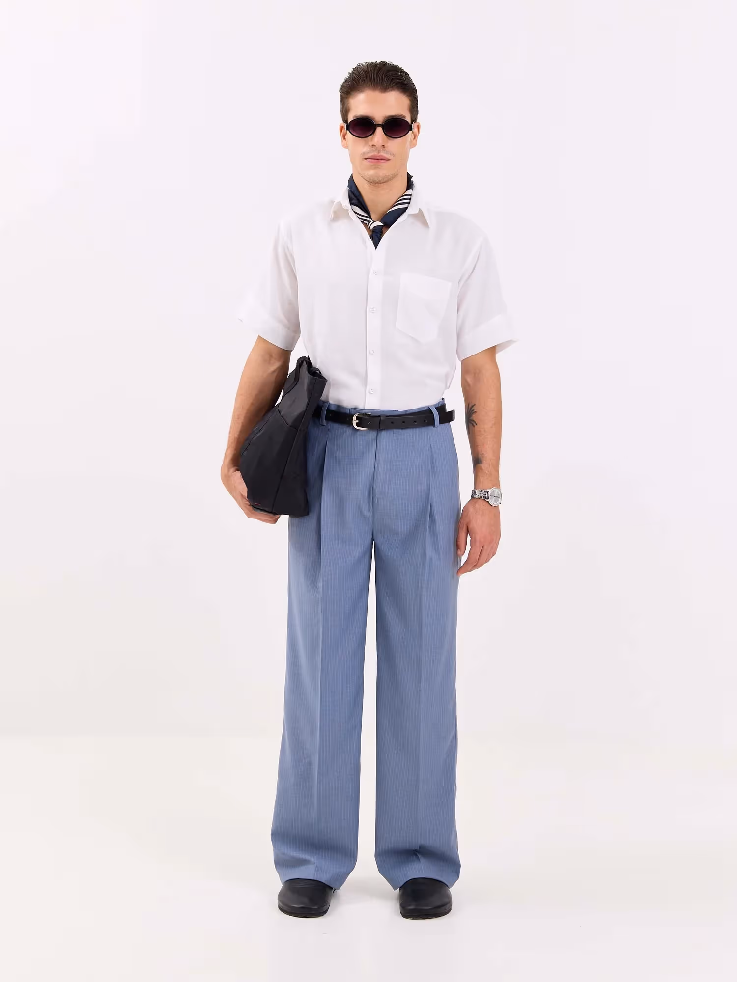 Light Blue Pinstriped Baggy Fit Trousers image 1