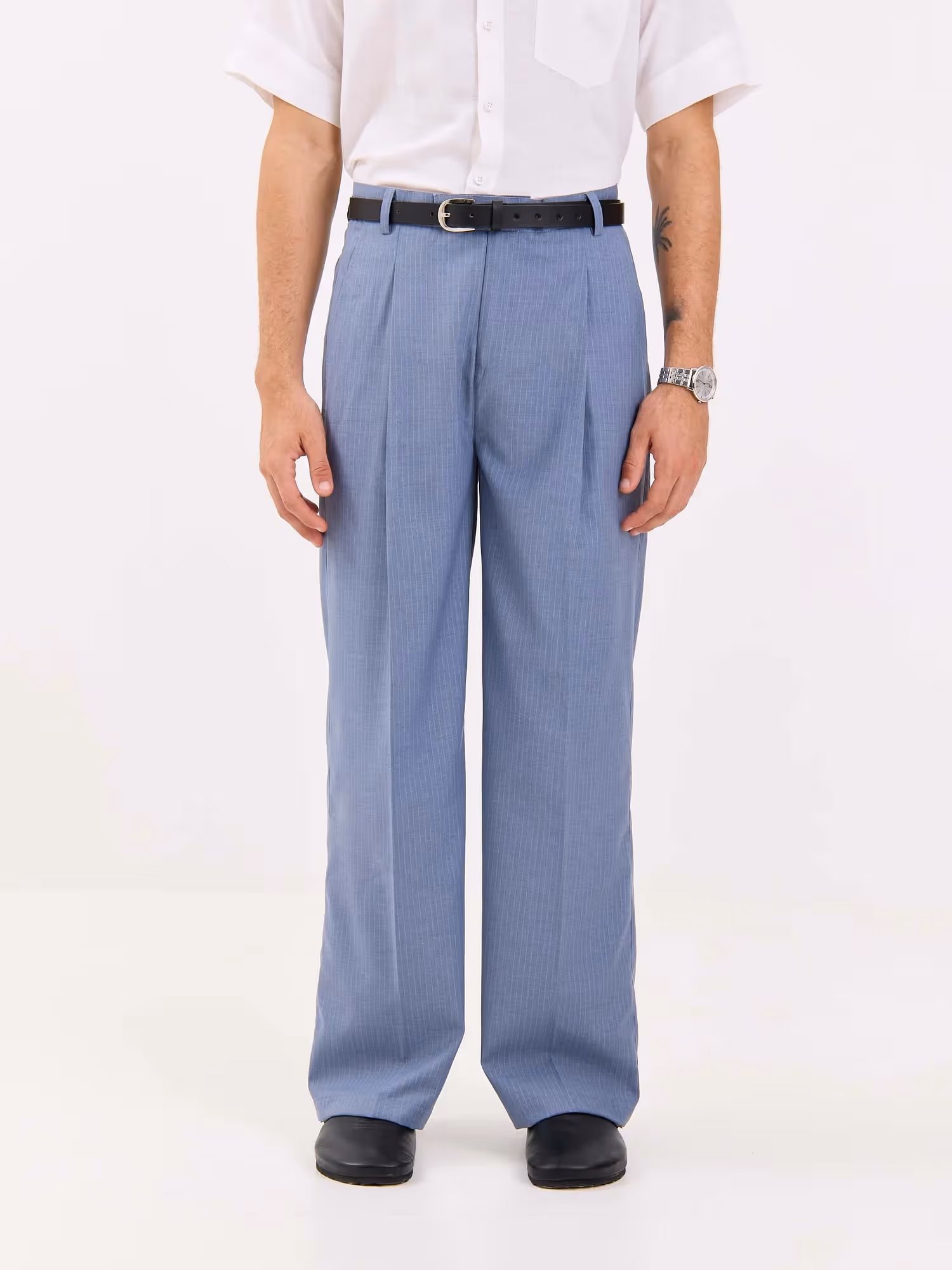 Light Blue Pinstriped Baggy Fit Trousers image 2