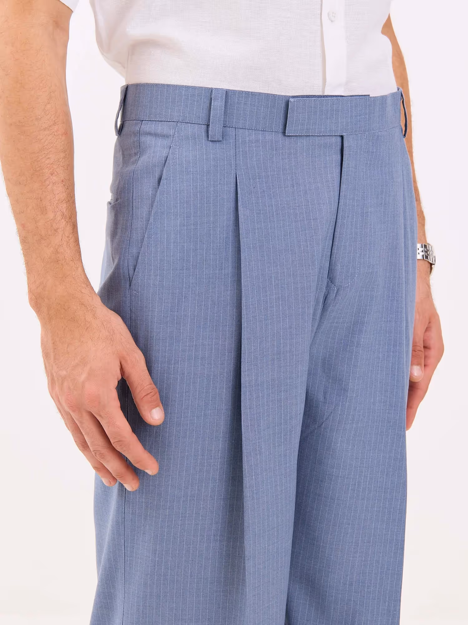 Light Blue Pinstriped Baggy Fit Trousers image 3