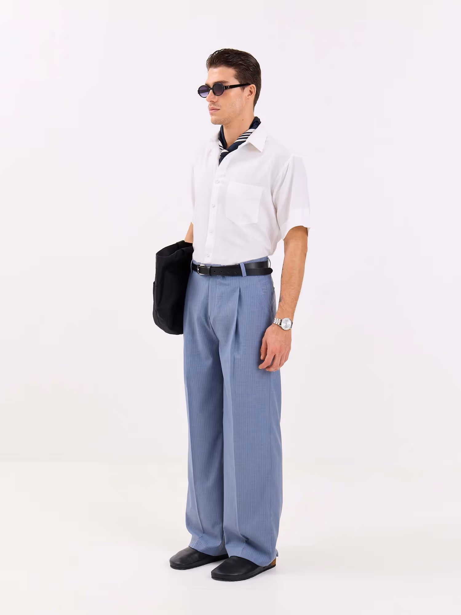 Light Blue Pinstriped Baggy Fit Trousers image 4