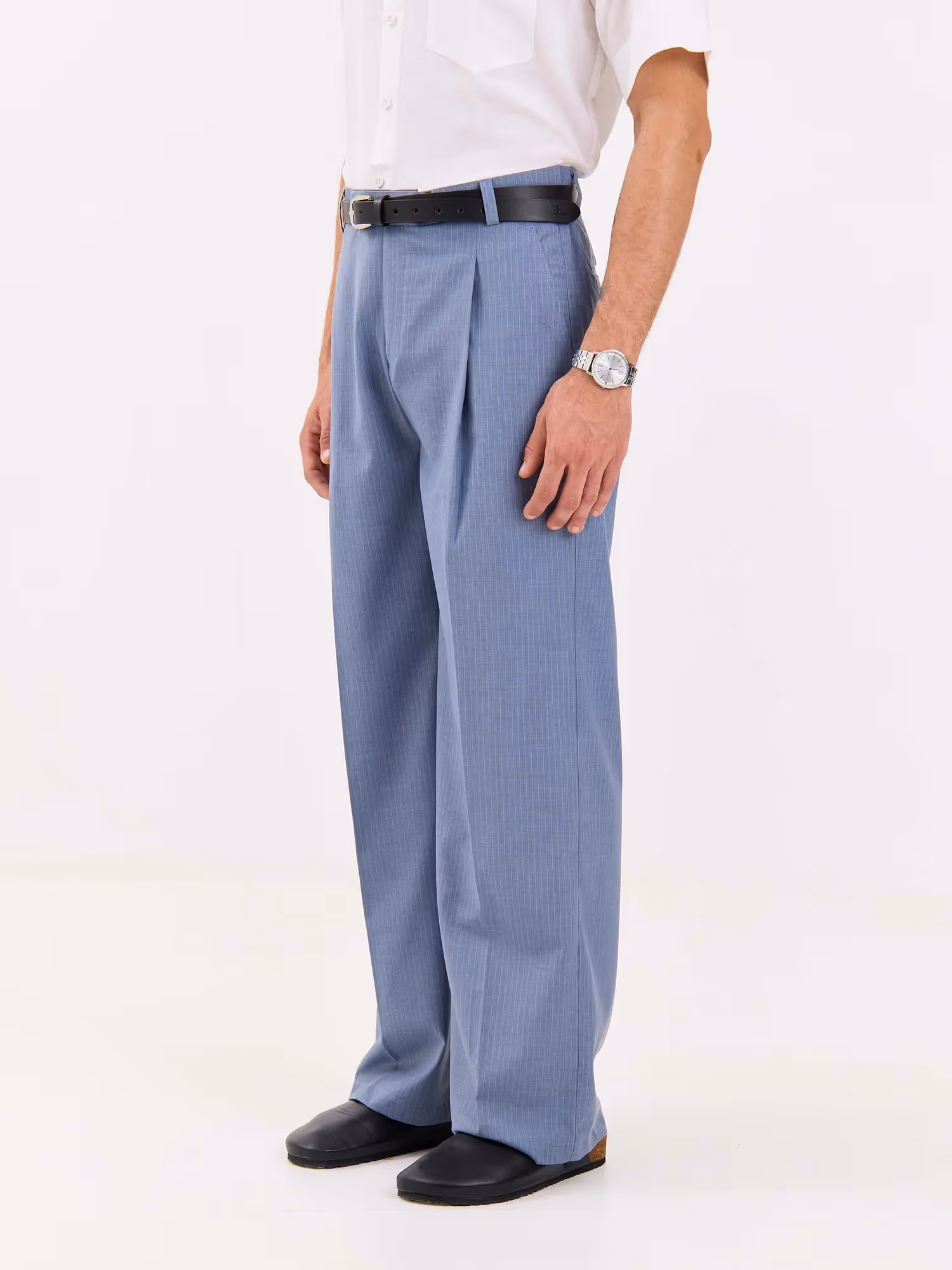 Light Blue Pinstriped Baggy Fit Trousers image 5