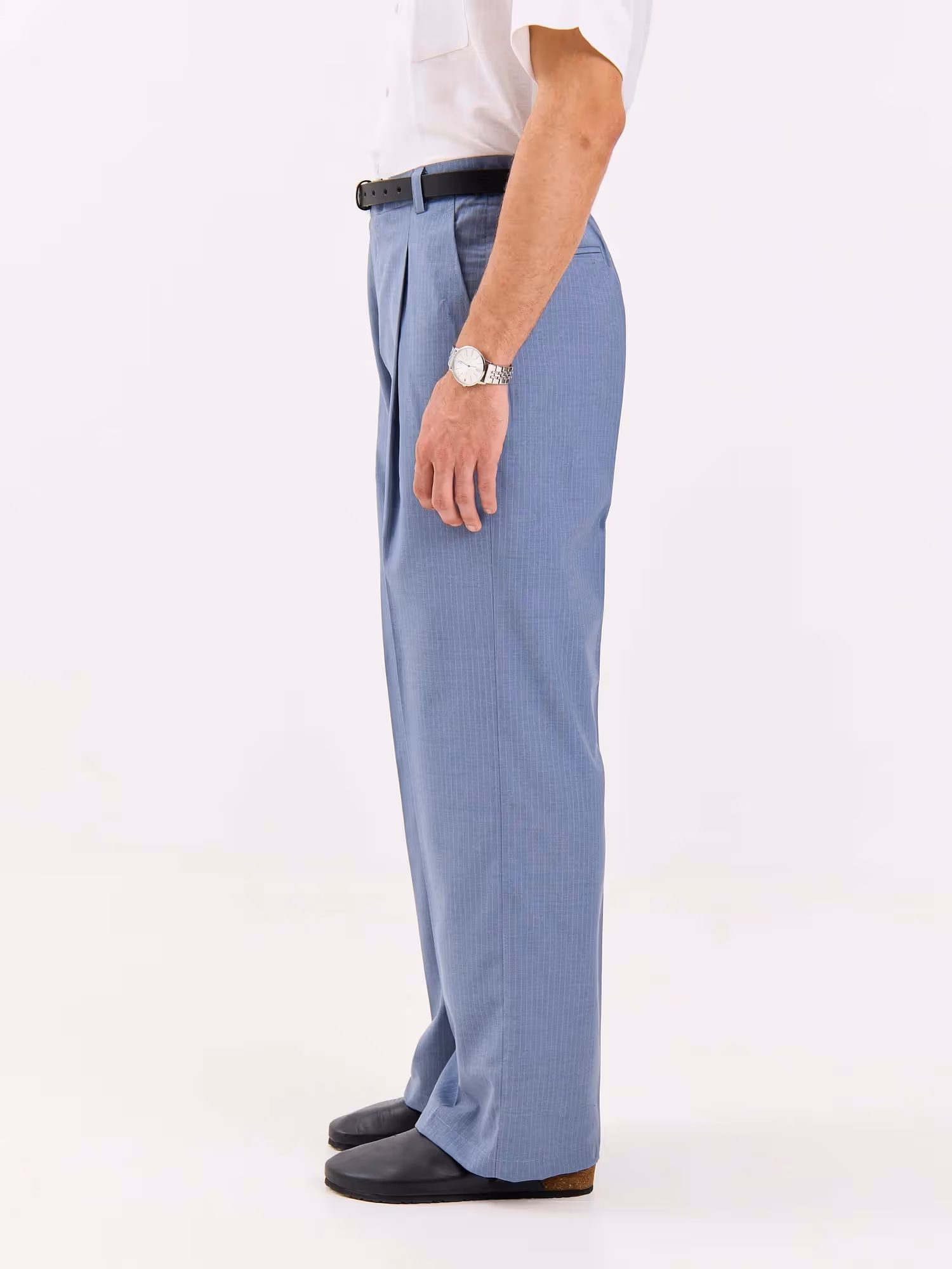 Light Blue Pinstriped Baggy Fit Trousers image 6