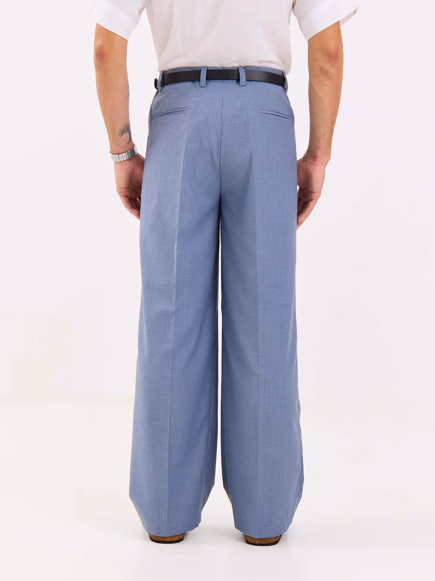 Light Blue Pinstriped Baggy Fit Trousers image 8