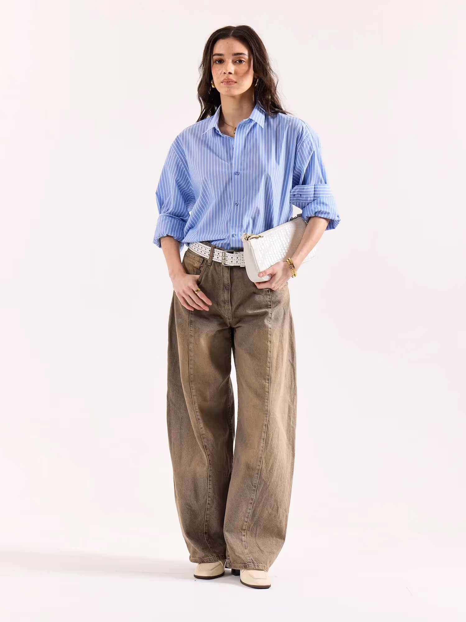 Light Blue Striped Poplin Oversized Shirt image 2