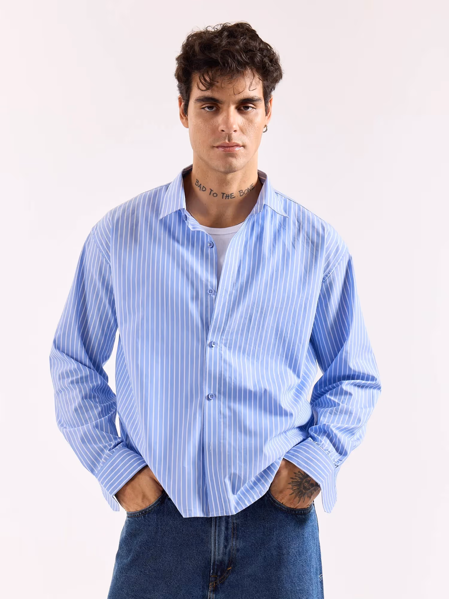 Light Blue Striped Poplin Oversized Shirt image 3