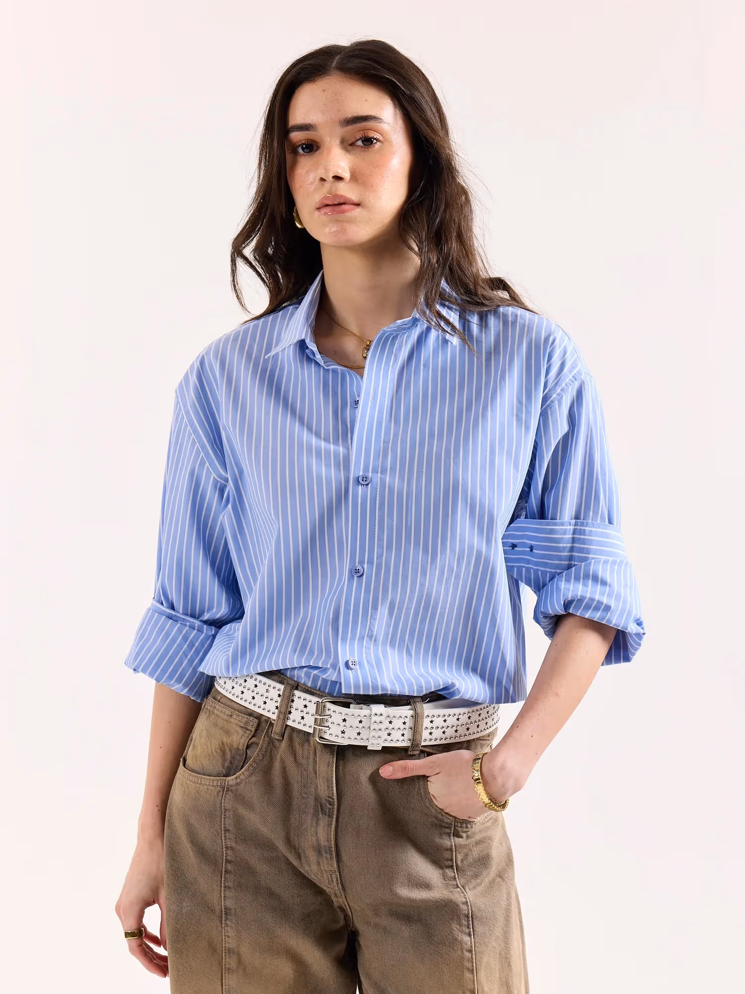 Light Blue Striped Poplin Oversized Shirt image 4