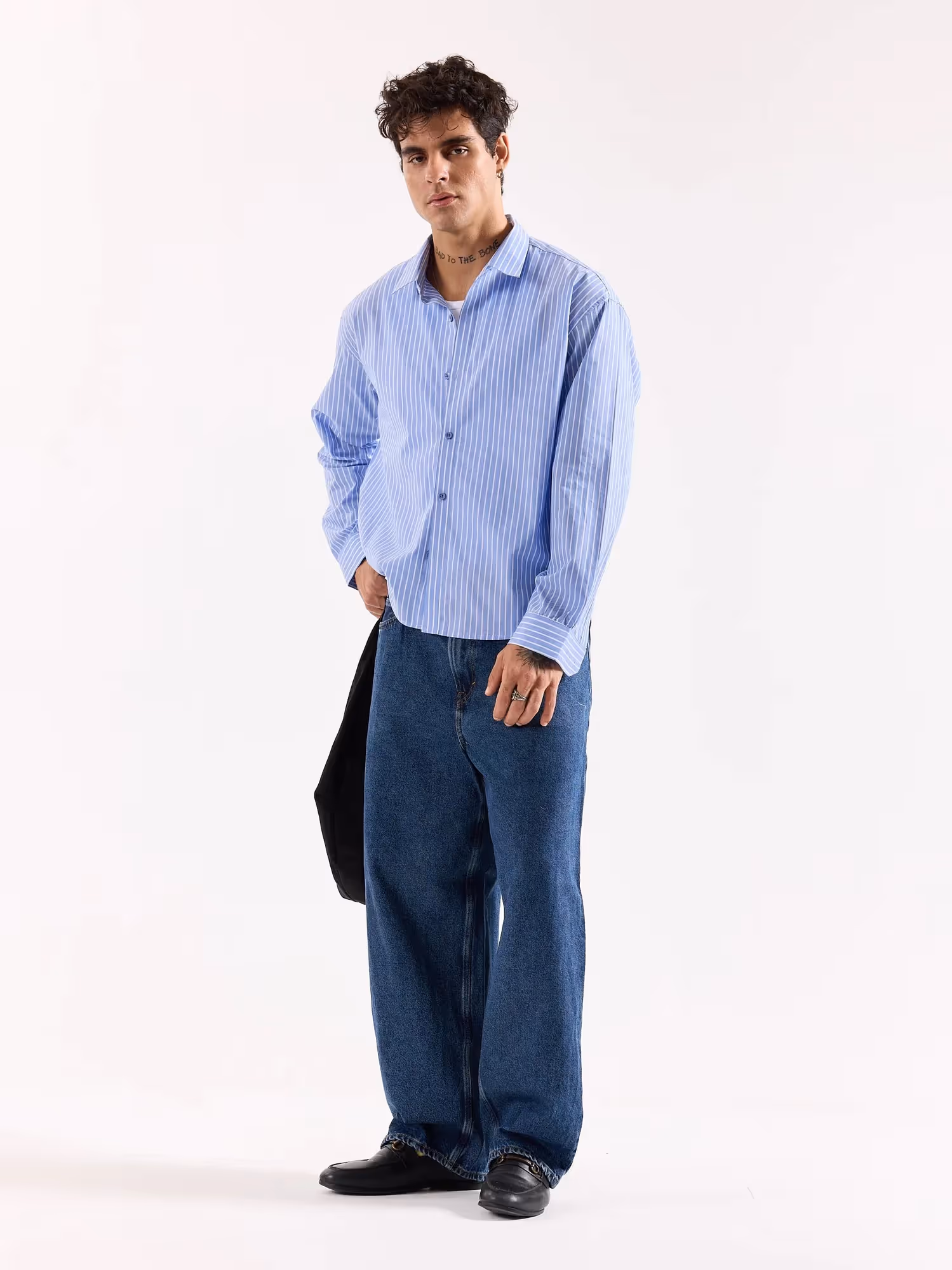 Light Blue Striped Poplin Oversized Shirt image 6