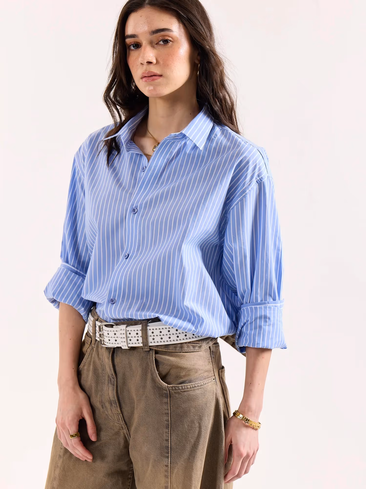 Light Blue Striped Poplin Oversized Shirt image 7