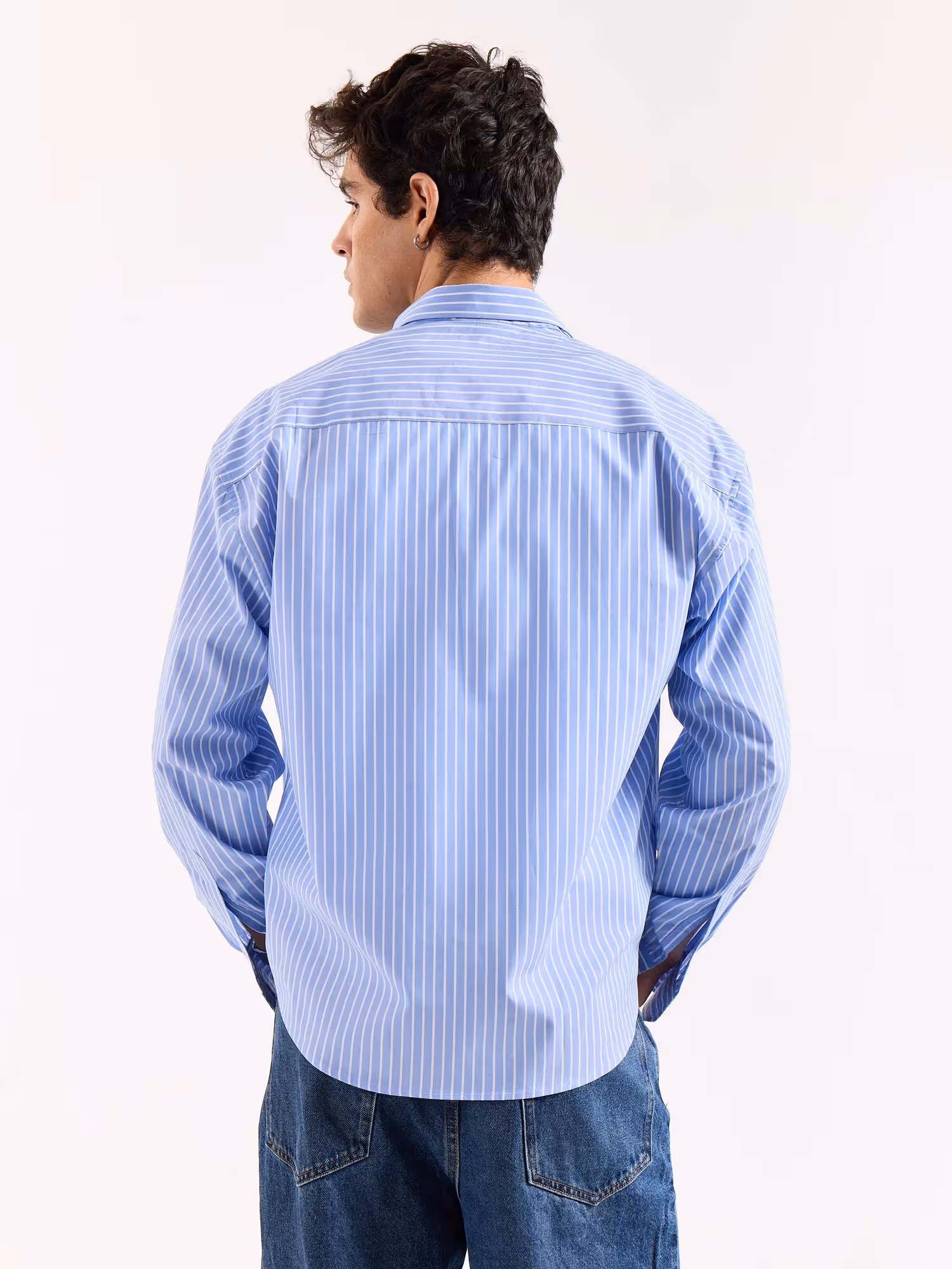 Light Blue Striped Poplin Oversized Shirt image 8