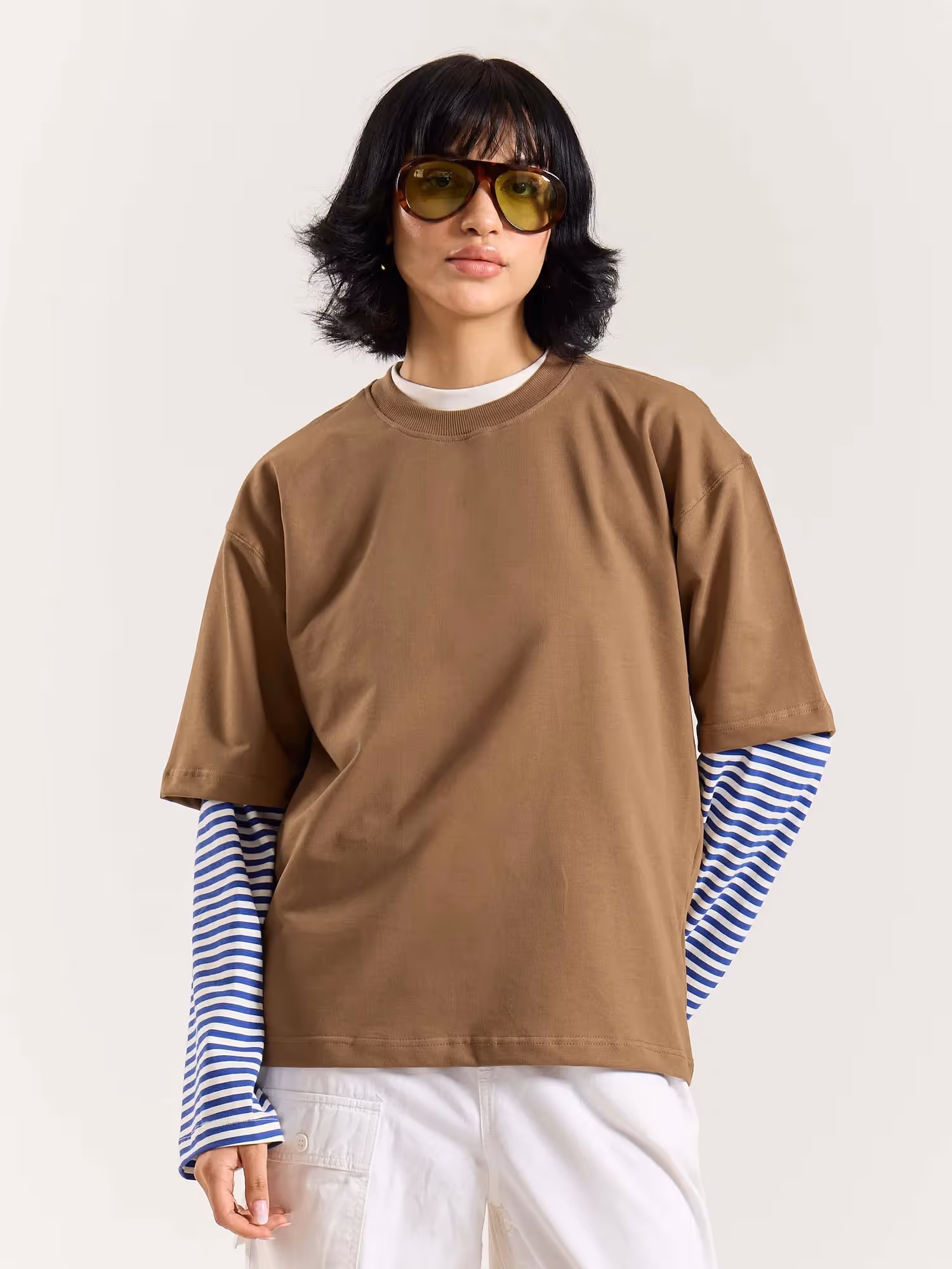 Light Brown Loose Fit Cropped T-Shirt image 4
