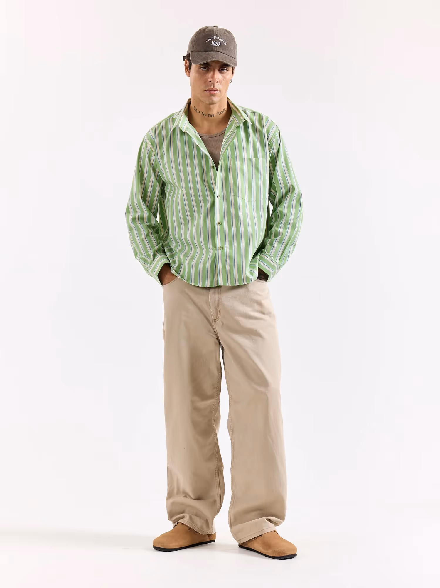 Light Green Striped Poplin Oversized Shirt image 1
