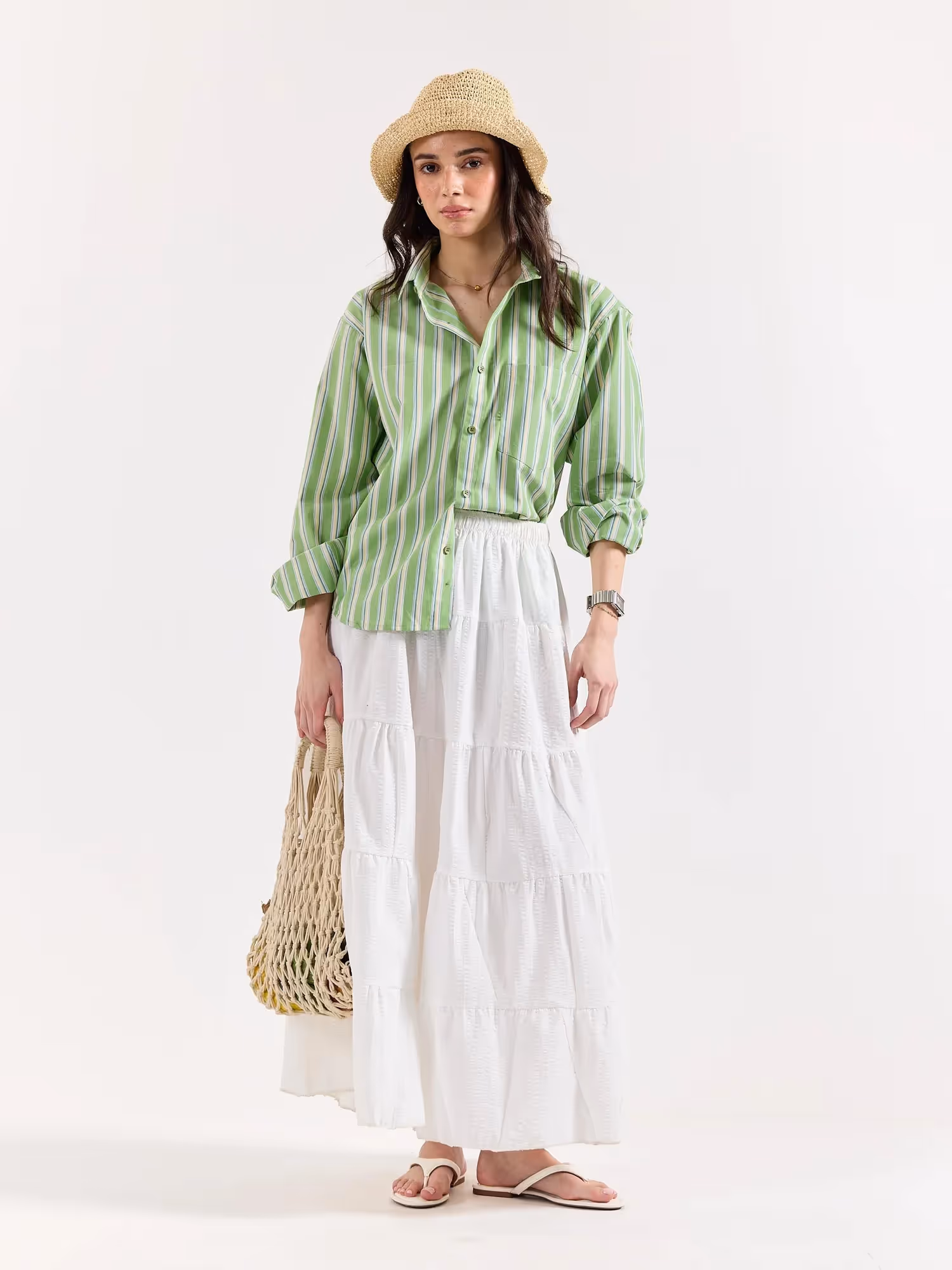 Light Green Striped Poplin Oversized Shirt image 2