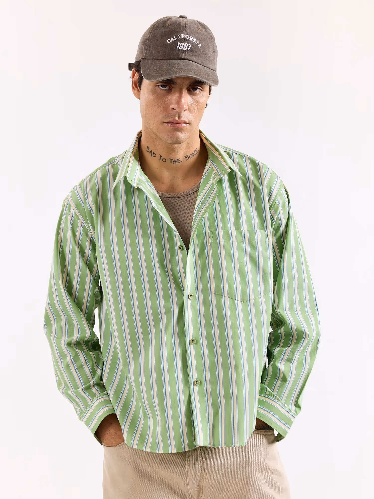 Light Green Striped Poplin Oversized Shirt image 3
